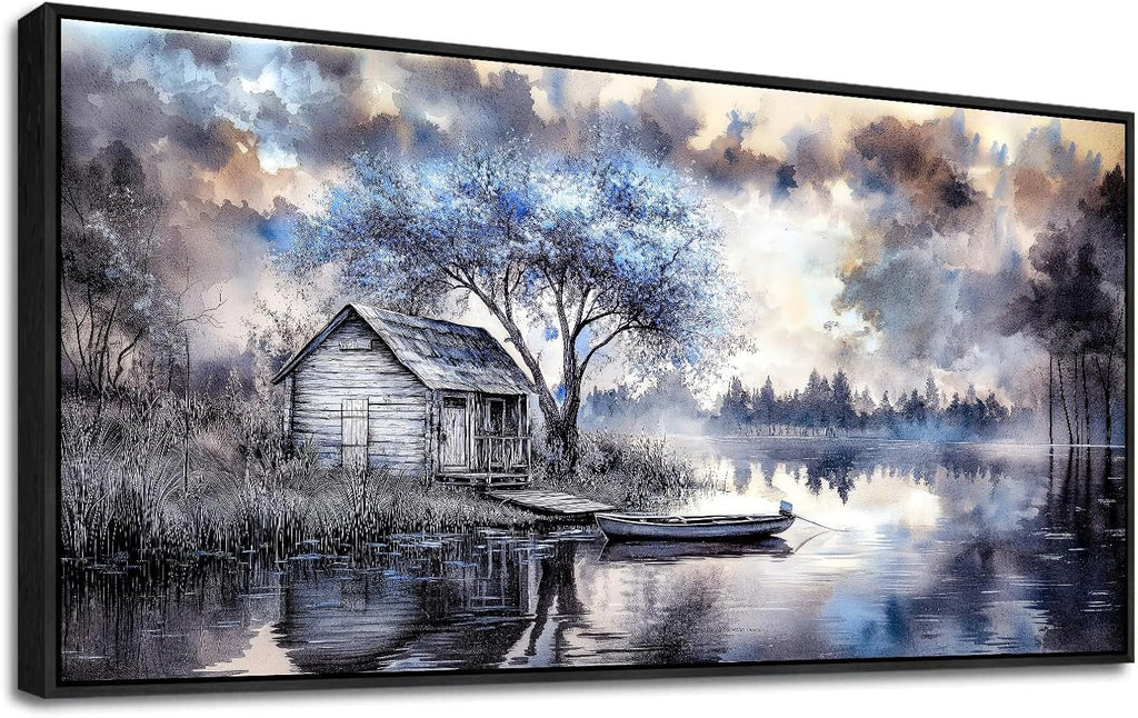 ERQINHUA Large Wall Art For Living Room Canvas Home Wall Decor For Office Bedroom Dining Room Wall Pictures Blue Tree Lakeside Landscape Painting Modern Art Print Beach Posters 24"x48" Black Frame