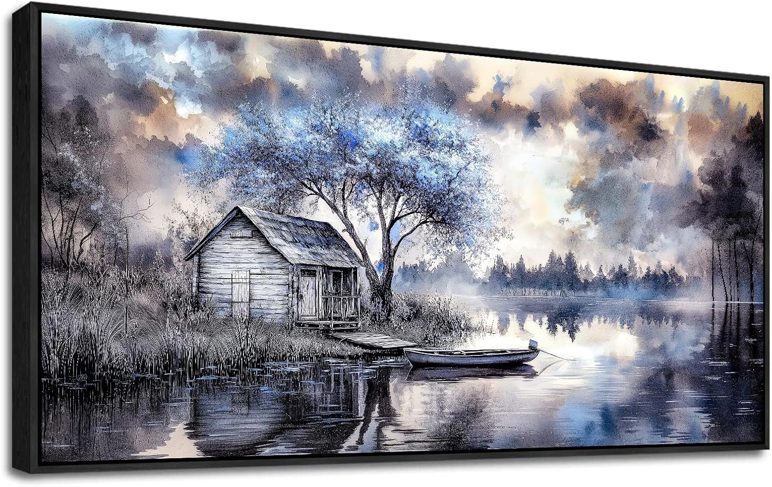 ERQINHUA Large Wall Art For Living Room Canvas Home Wall Decor For Office Bedroom Dining Room Wall Pictures Blue Tree Lakeside Landscape Painting Modern Art Print Beach Posters 24"x48" Black Frame