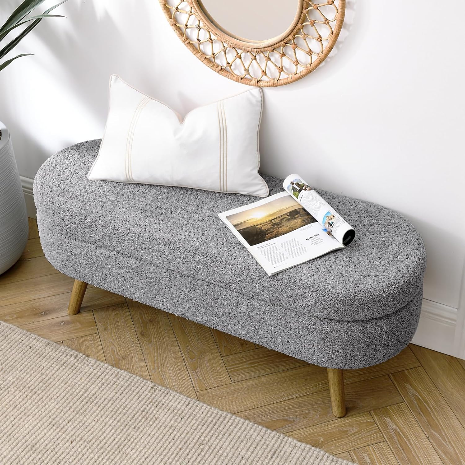 Furnimart Storage Bedroom Bench for End of Bed, Faux Linen Upholstered Storage Ottoman with Rolled Arms for Bedroom,Living Room, Entryway, 2.5Cubic Feet