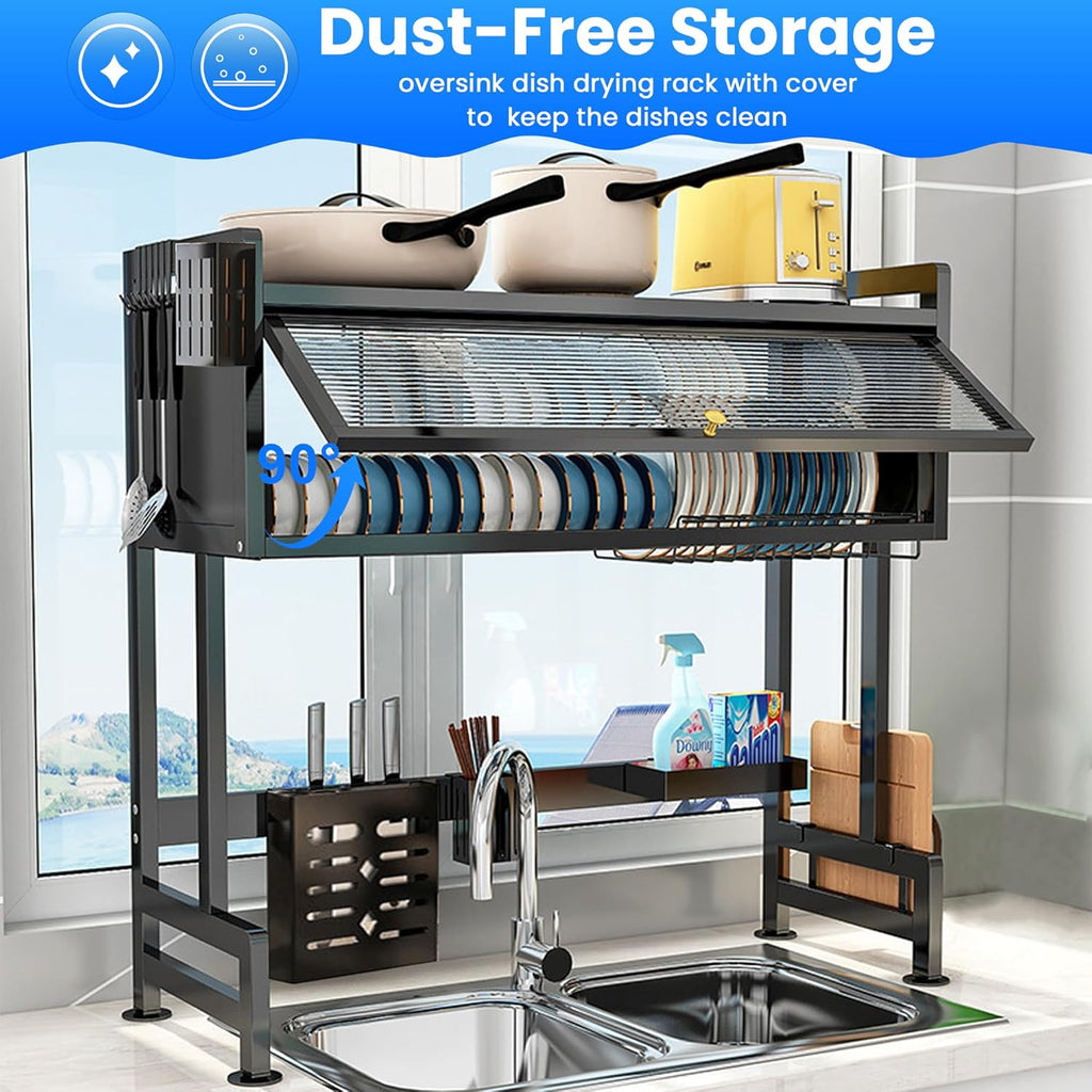ASIEIT Dish Drying Rack, 3-Tier Over Sink Dish Drying Rack, 33.5" Over Sink Dish Rack for Small Kitchen, Space-Saving Dish Rack with Cover, Baskets, Utensil, Large Sink Storage Organizer Black