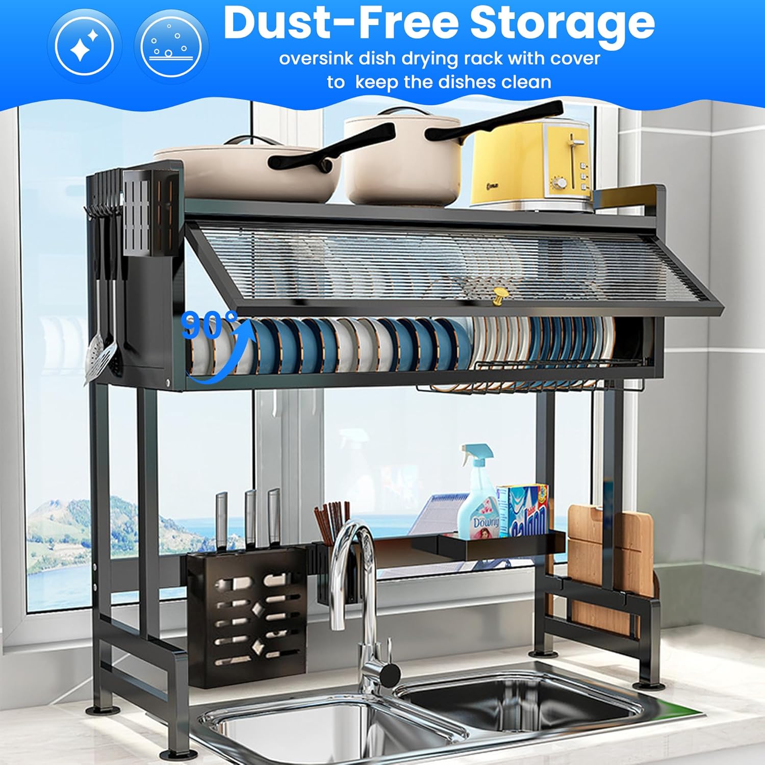 ASIEIT Dish Drying Rack, 3-Tier Over Sink Dish Drying Rack, 33.5" Over Sink Dish Rack for Small Kitchen, Space-Saving Dish Rack with Cover, Baskets, Utensil, Large Sink Storage Organizer Black