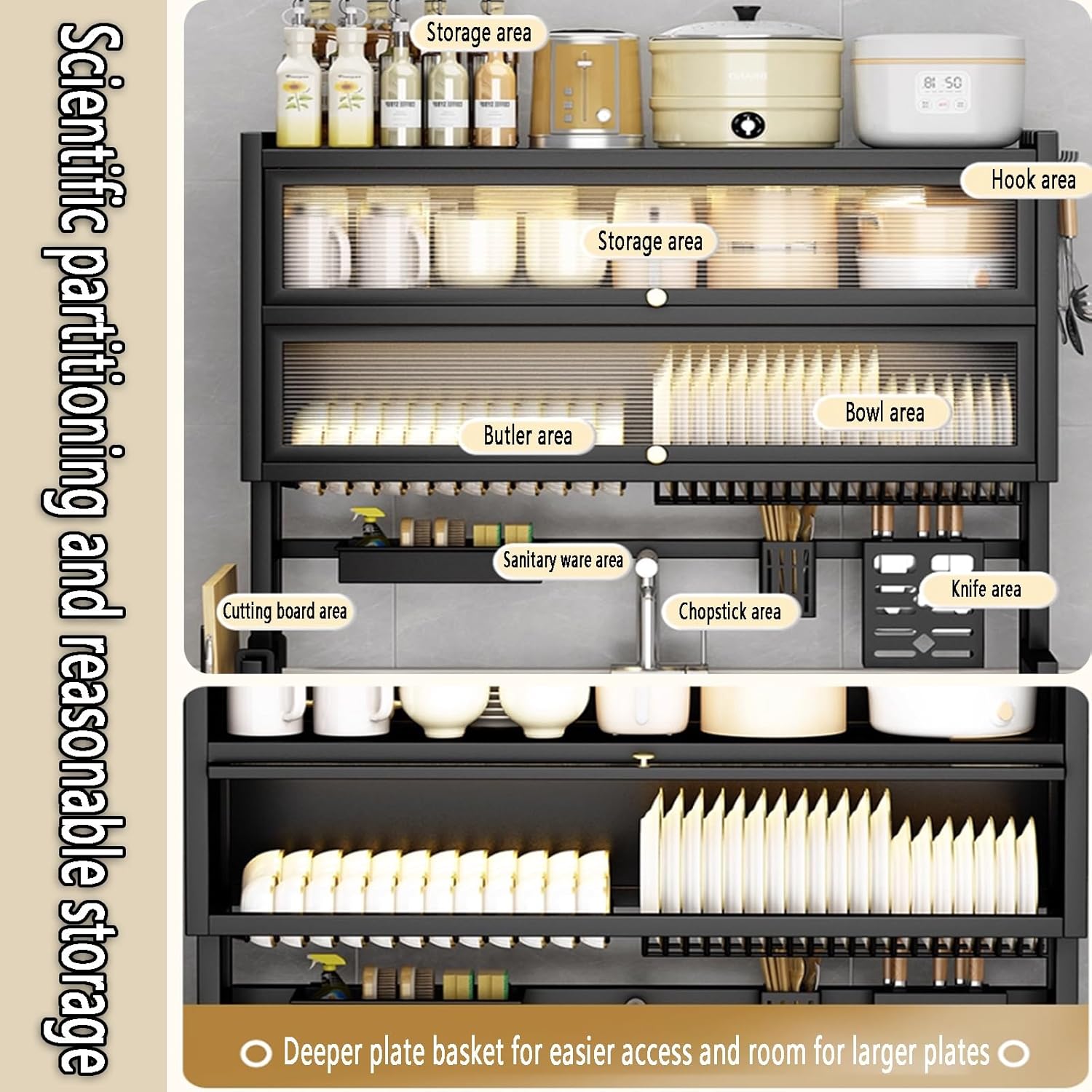 Large 3-Tier Over Sink Dish Drying Rack with Flip-top Door,Kitchen Counter Utensil Holder Organizers Space-Saving,Multifunctional Metal Counter Shelf,for Plates Bowl(White,65cm/25.6in)