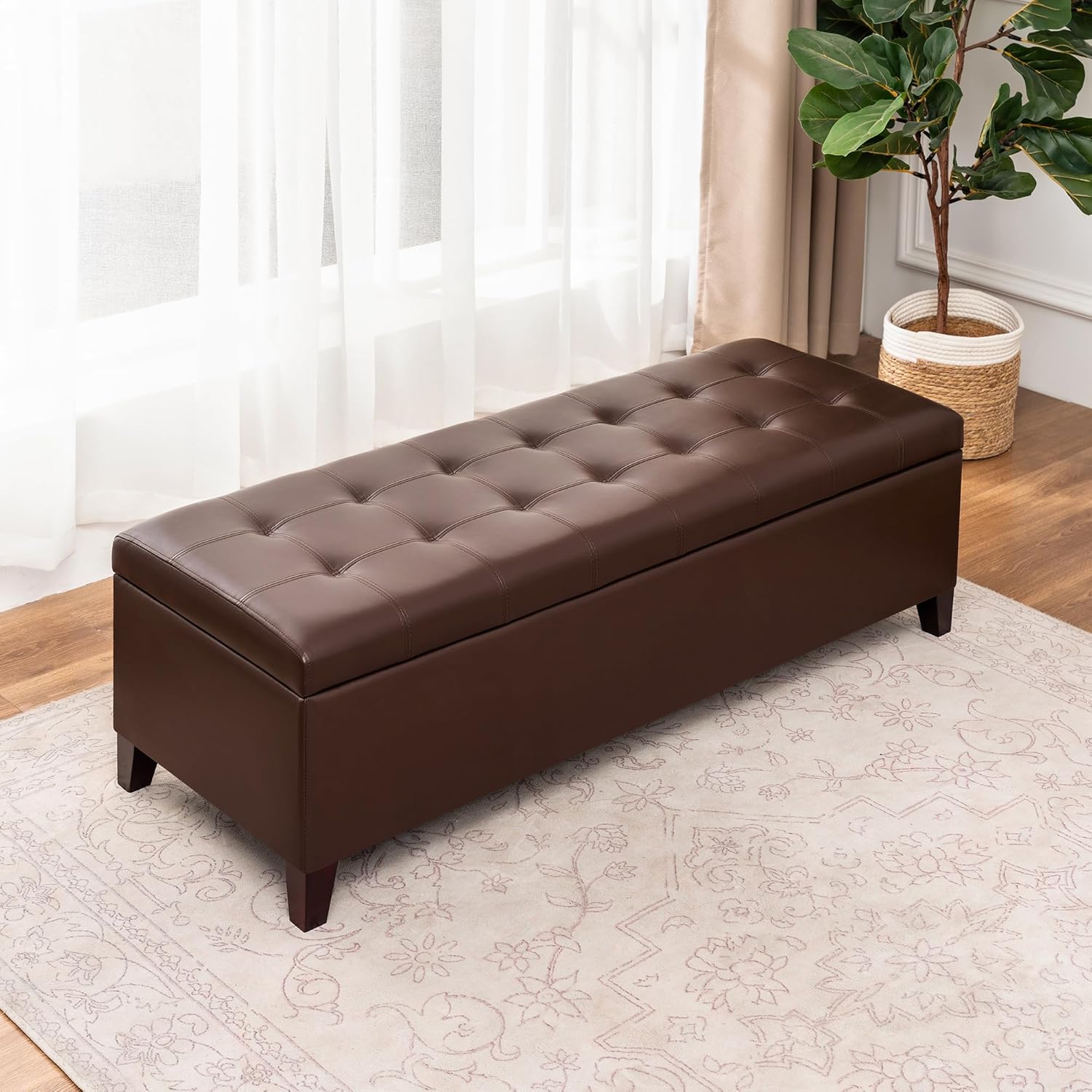 Joveco Storage Ottoman Bench, 51 Inch Leather Tufted Bench for End of Bed, Bedroom, Living Room, Dark Brown