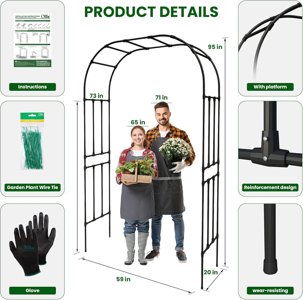 Olle Garden Arbor 95" High 59" Wide Easy to Assemble Wedding Arches for Ceremony Lightweight Garden Trellis Arch Garden Arch Trellis for Climbing Plants, Black