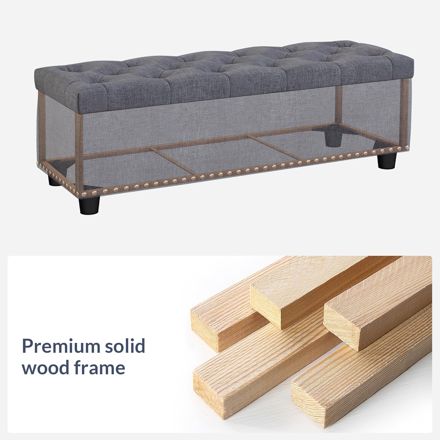 BELLEZE 47" Storage Ottoman, Storage Bench with Safety Close Hinge, Linen Button-Tufted Ottoman for Living Room, Entryway, Hallway, Foot Rest, Support 300lbs - Gray