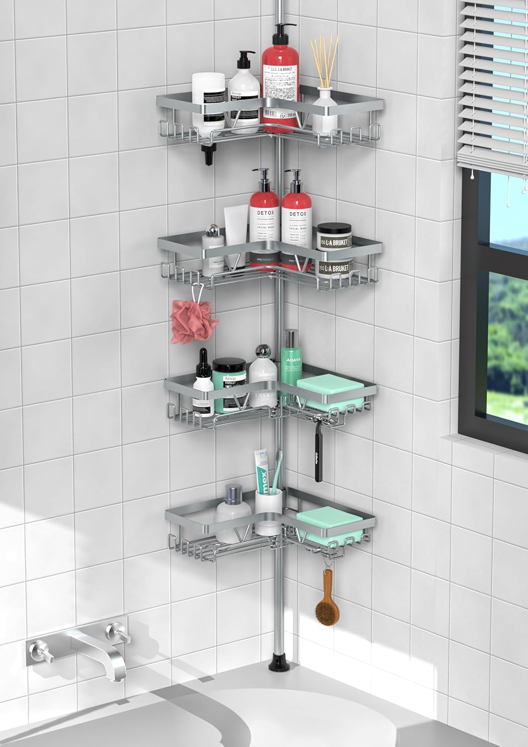 KEGII Corner Shower Caddy Tension Pole - Shower Tension Rod Organizer, Floor to Ceiling Shower Caddy 25-114.2 inch, Towel Rack Corner Waterproof, Black