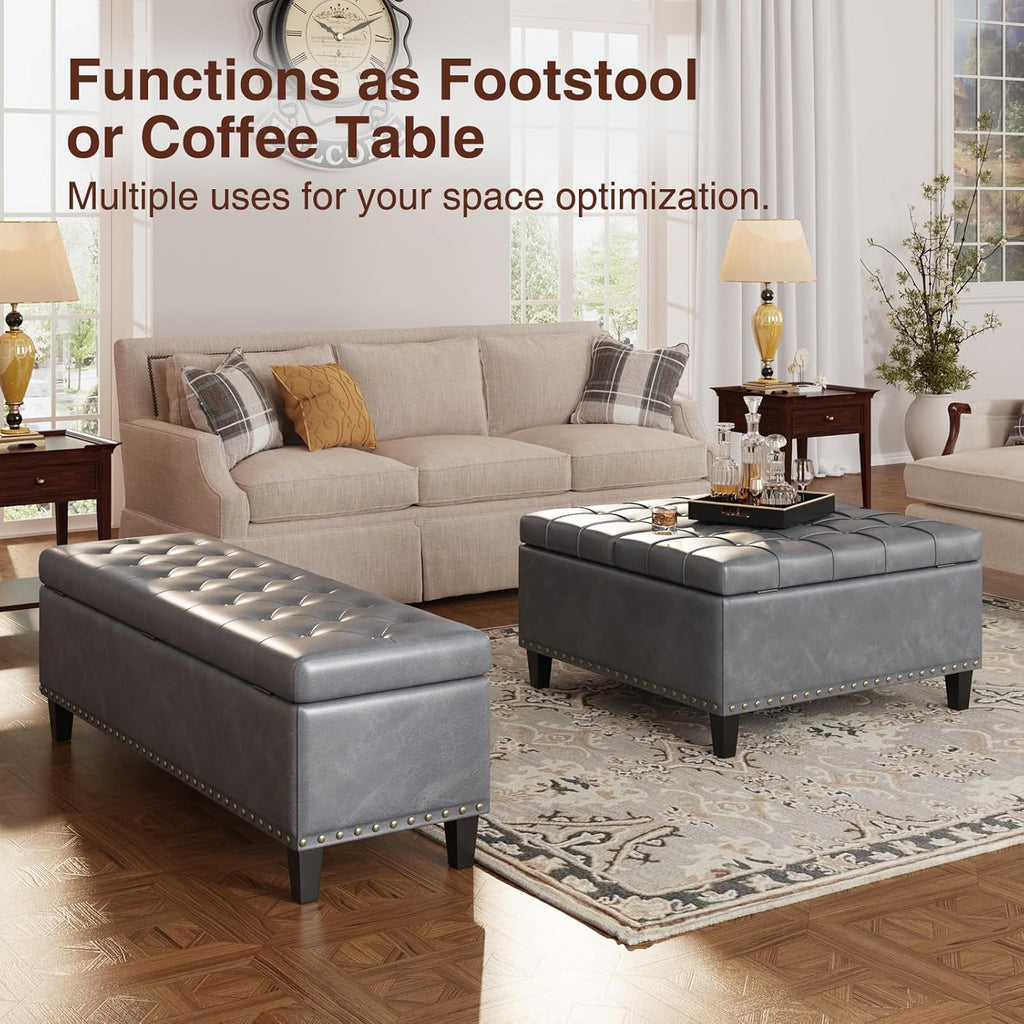 Storage Ottoman Bench, 51-Inch Large Storage Ottoman for Bedroom End of Bed, 30 Gallons Faux Leather Bench for Bedroom, Living Room, Entryway, Hallway, Grey