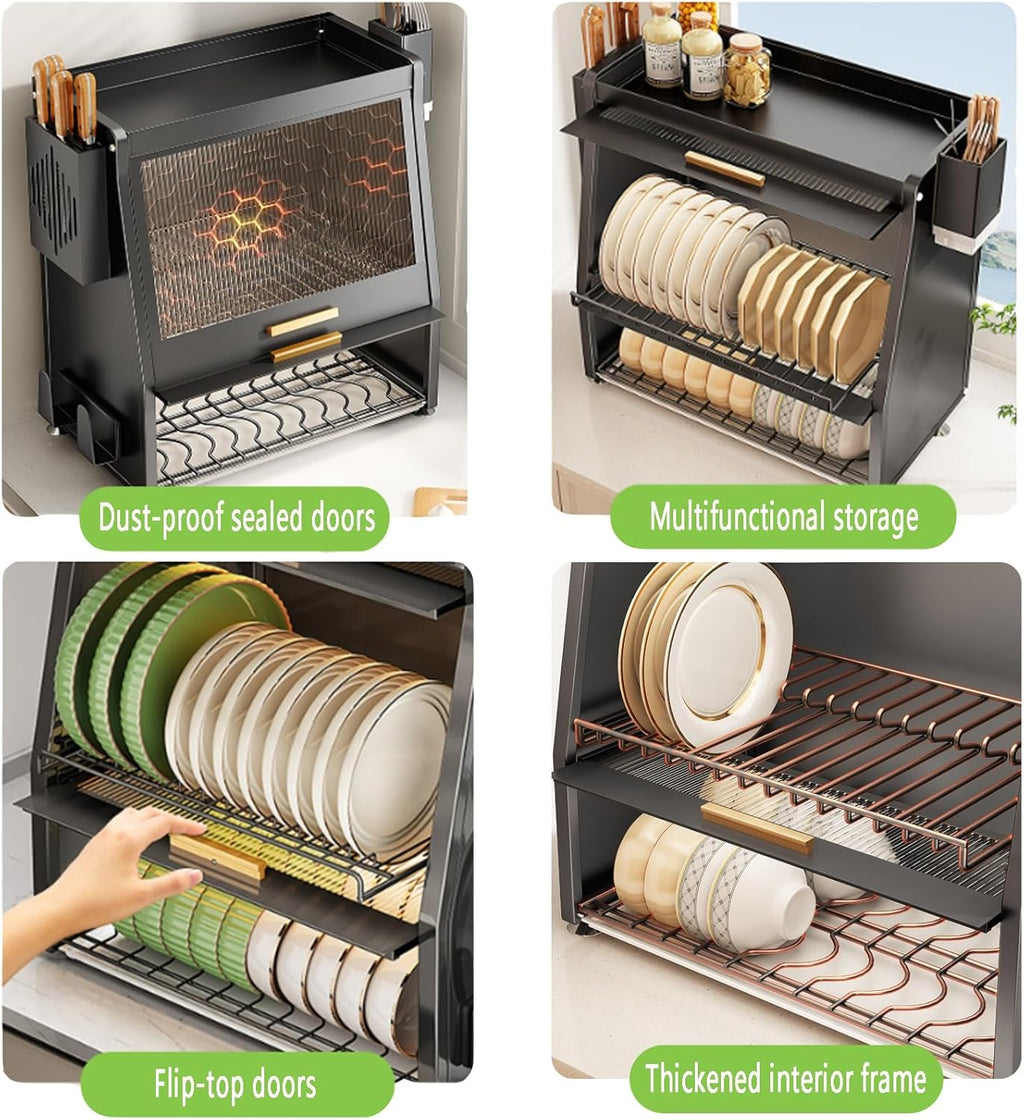 3 Tier Over The Sink dish racks with Flip-Cover Cabinet Doors,Large Kitchen Counter Organization rack,space saving kitchen sink organizer countertop,Carbon Steel,for Dishes, Glasses,Bowls(White)