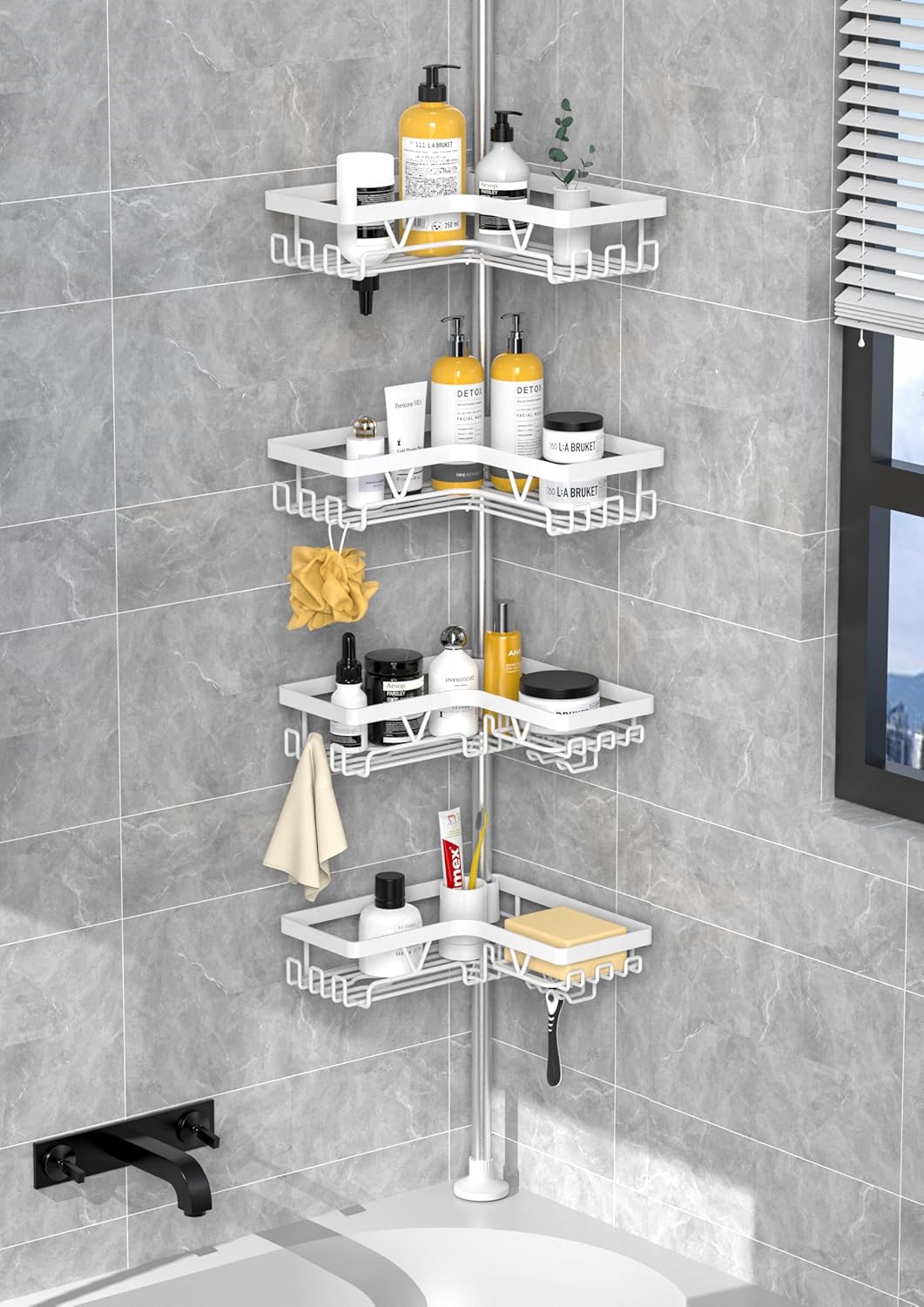 KEGII Corner Shower Caddy Tension Pole - Shower Tension Rod Organizer, Floor to Ceiling Shower Caddy 25-114.2 inch, Towel Rack Corner Waterproof, Black