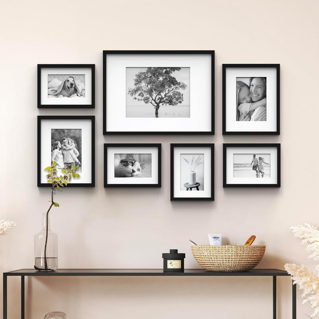Gallery Perfect - 7-Piece Black Wall Frame Set - Kit with Decorative Art Prints - Hanging Template - Easy Installation Frame - Multi-Size Frames - Rectangular Wall Mount - Single Picture Frame