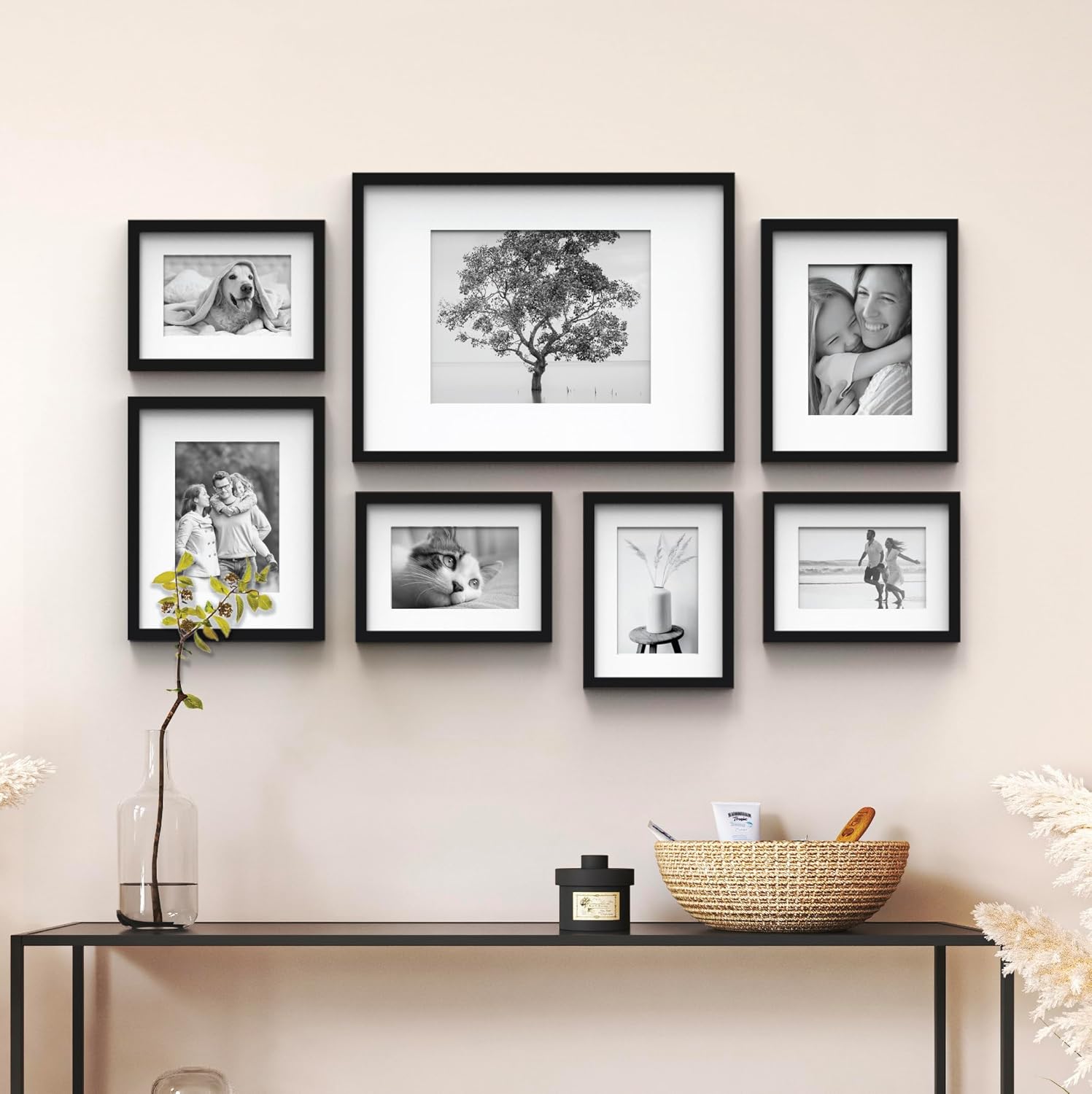 Gallery Perfect - 7-Piece Black Wall Frame Set - Kit with Decorative Art Prints - Hanging Template - Easy Installation Frame - Multi-Size Frames - Rectangular Wall Mount - Single Picture Frame