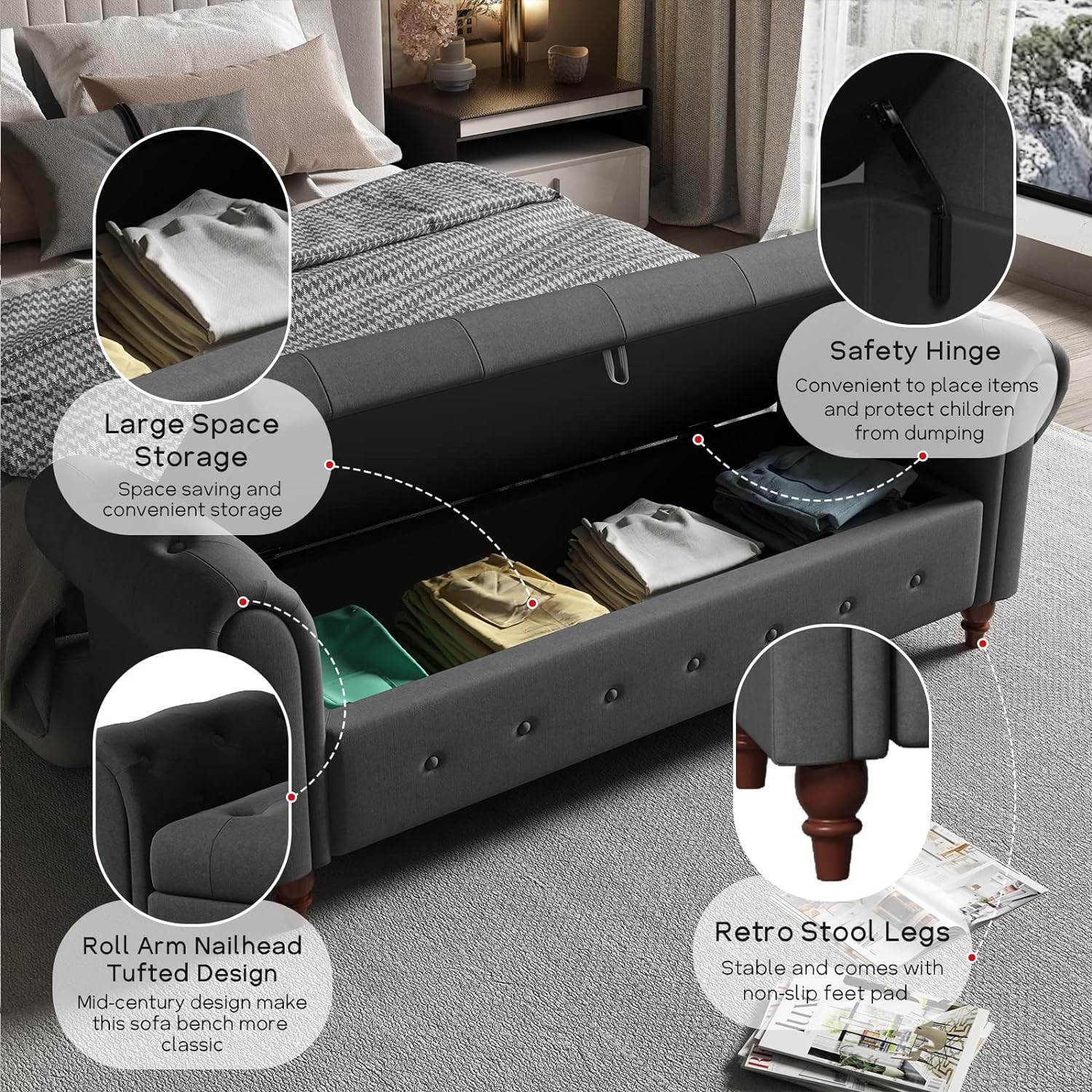 NIOIIKIT 63'' Storage Ottoman Bench, Button Tufted End of Bed Bench, Rolled Armed Ottoman Couch Long Bench for Bedroom, Living Room, End of Bed, Hallway(Grey Polyster)