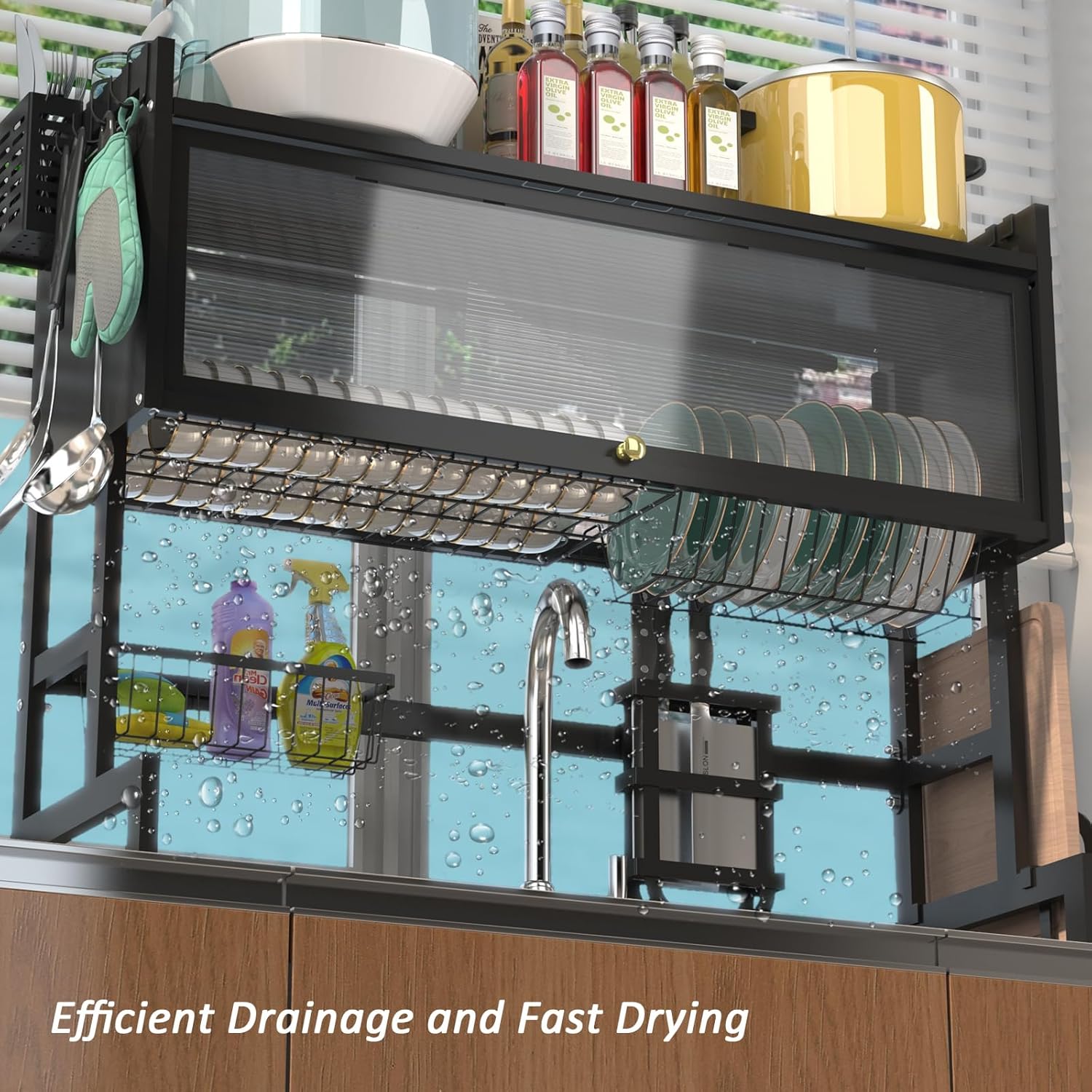 bukfen Dish Drying Rack, Over The Sink Dish Drainer Drying Rack 2 Tier Dish Rack with Cover for Kitchen (Black, Large 37.40 Length)