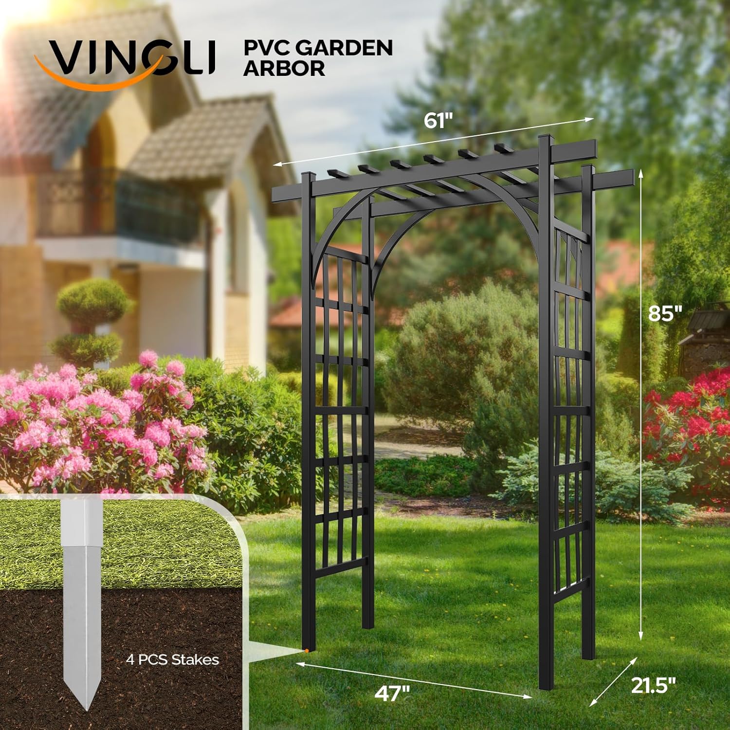 VINGLI Garden Arbor, PVC Wedding Arch for Ceremony Party, Garden Trellis for Climbing Plants Outdoor, Arch Backdrop Stand for Garden, Backyard, Wedding, Lawn (Black)