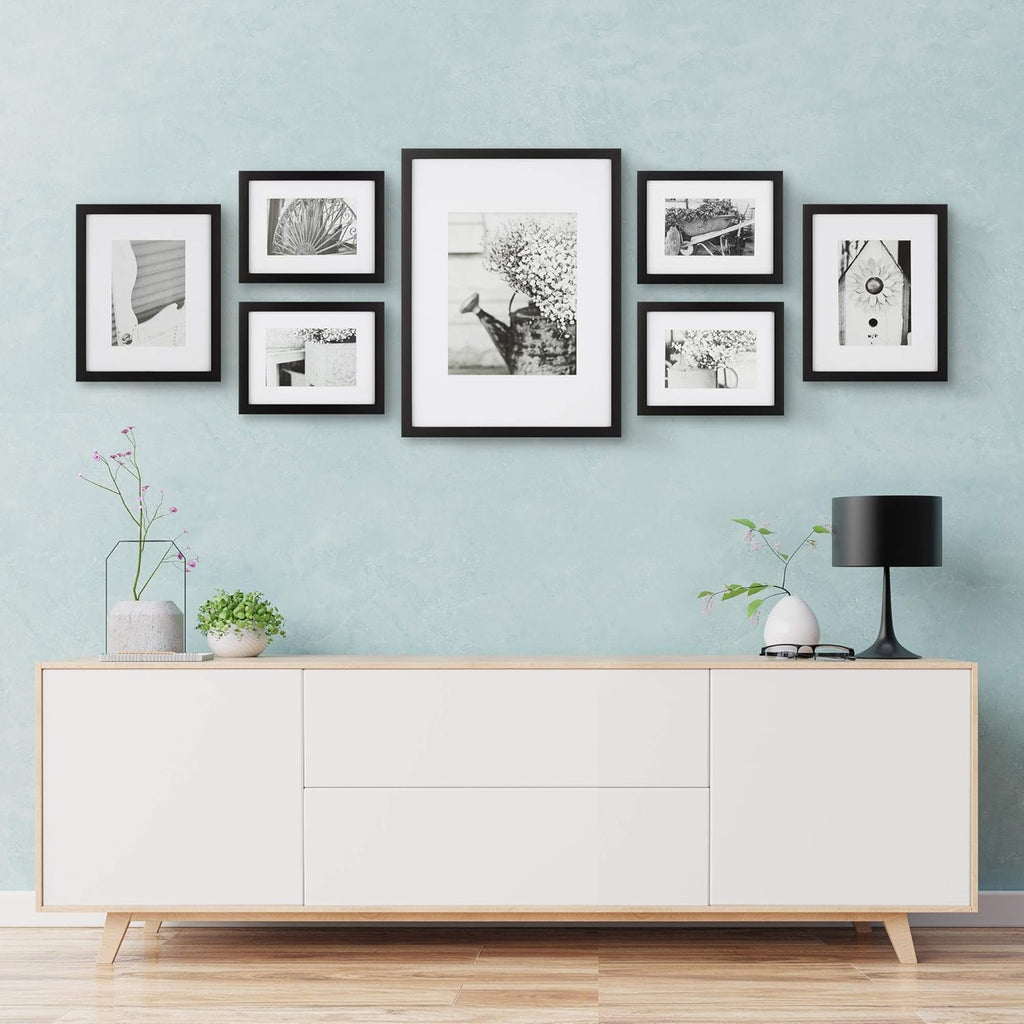 Gallery Perfect - 7-Piece Black Wall Frame Set - Kit with Decorative Art Prints - Hanging Template - Easy Installation Frame - Multi-Size Frames - Rectangular Wall Mount - Single Picture Frame