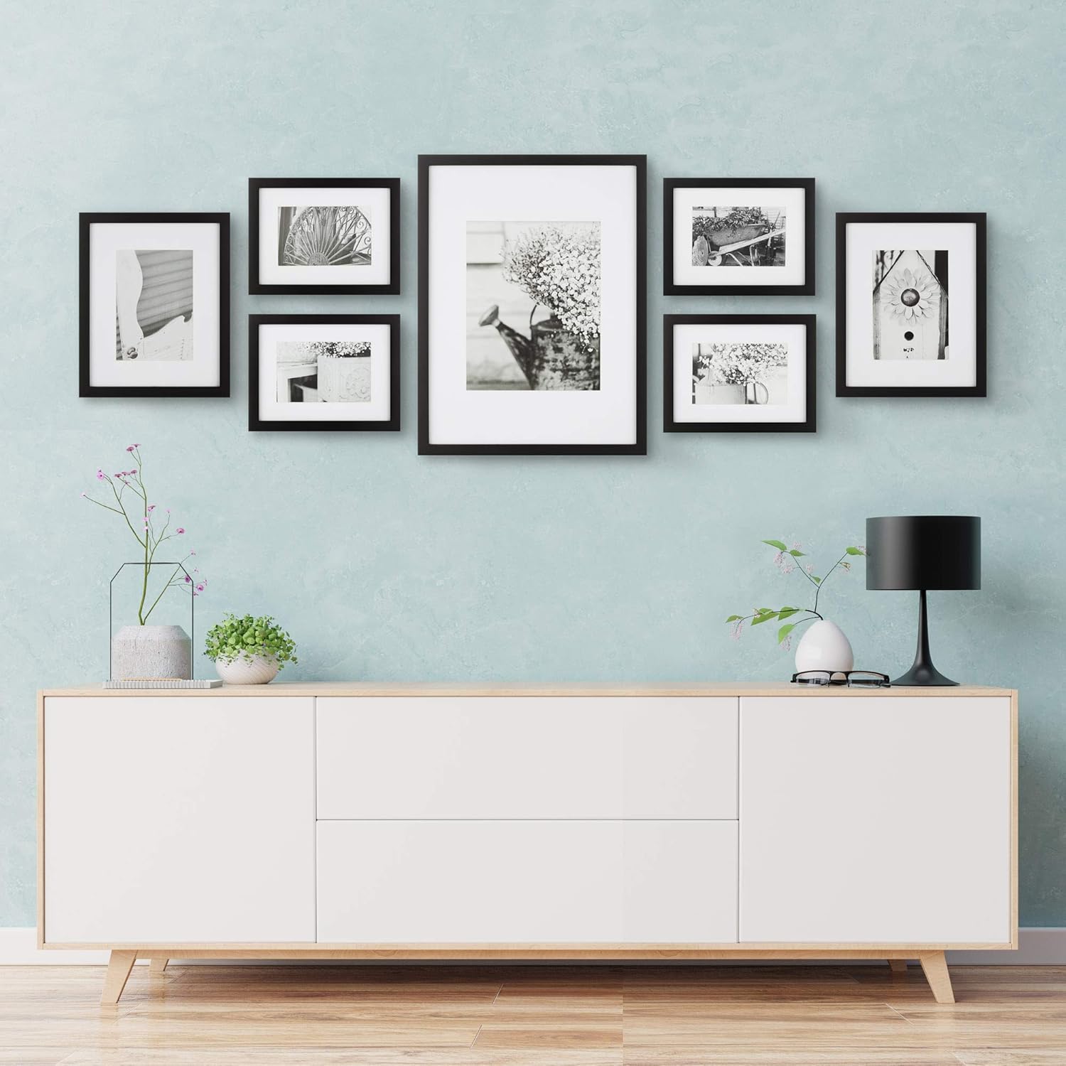 Gallery Perfect - 7-Piece Black Wall Frame Set - Kit with Decorative Art Prints - Hanging Template - Easy Installation Frame - Multi-Size Frames - Rectangular Wall Mount - Single Picture Frame