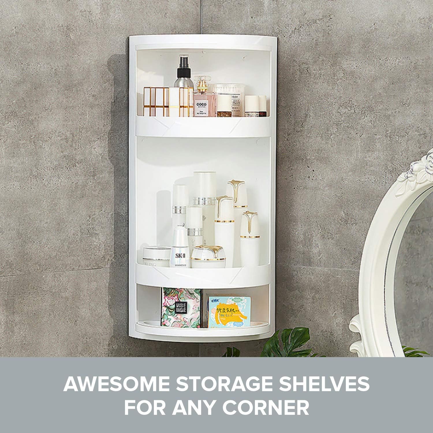 Bathroom Storage Corner Vanity Cabinet 24"x8.75"x8.75" Space Saver Rotating Organizer - 2-Tiered Storage Cabinet Countertop Storage or Wall Shelf - White Corner Shelf - Hidden Storage Rack