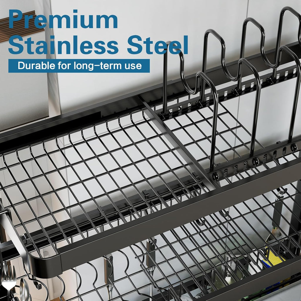 Over The Sink Dish Drying Rack,3 Tier Adjustable Length Full Stainless Steel Large Storage Kitchen Dish Rack,for Kitchen Counter Expandable Multifunctional Organizers,Silver (25.5'' to 37.6'')