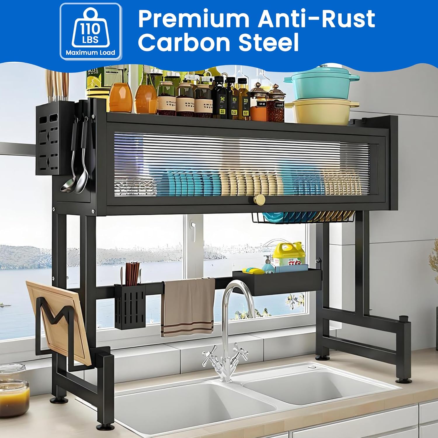 ASIEIT Dish Drying Rack, 3-Tier Over Sink Dish Drying Rack, 33.5" Over Sink Dish Rack for Small Kitchen, Space-Saving Dish Rack with Cover, Baskets, Utensil, Large Sink Storage Organizer Black