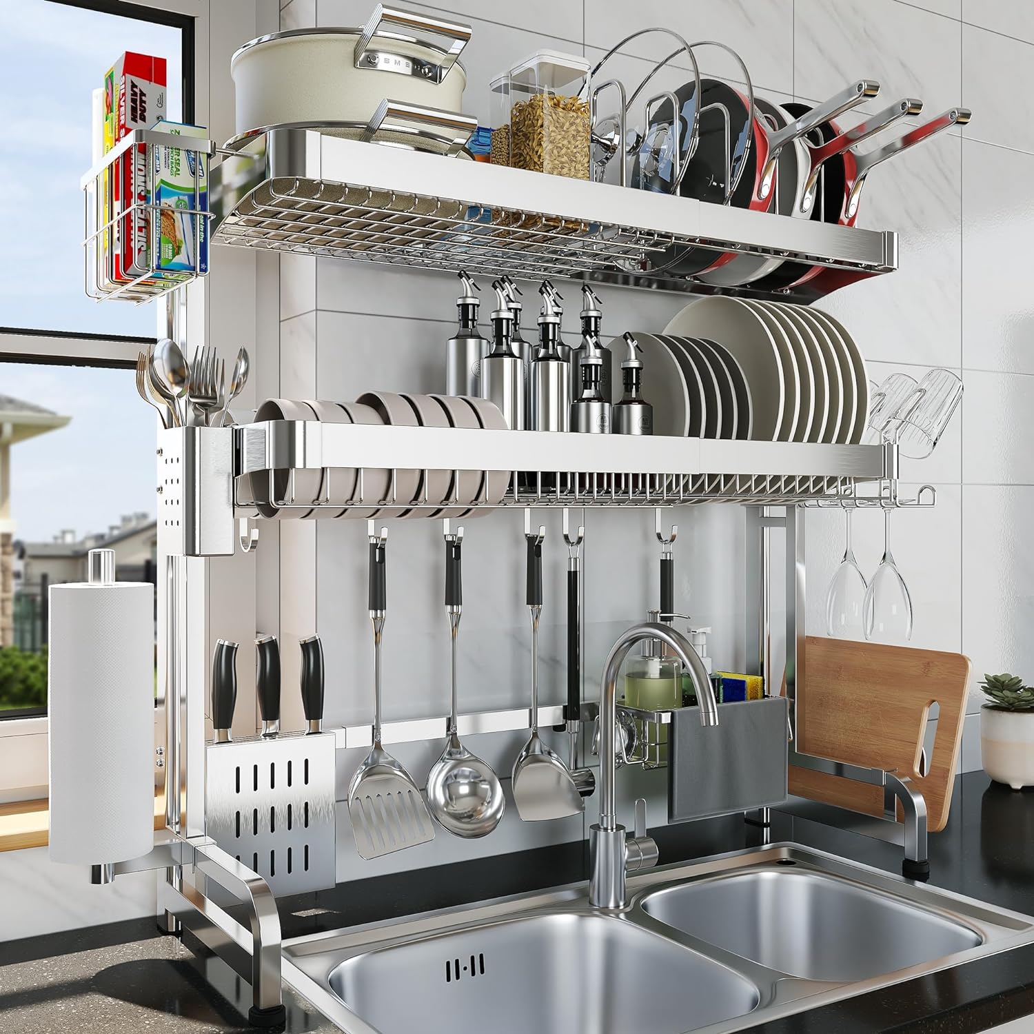 Over The Sink Dish Drying Rack,3 Tier Adjustable Length Full Stainless Steel Large Storage Kitchen Dish Rack,for Kitchen Counter Expandable Multifunctional Organizers,Silver (25.5'' to 37.6'')