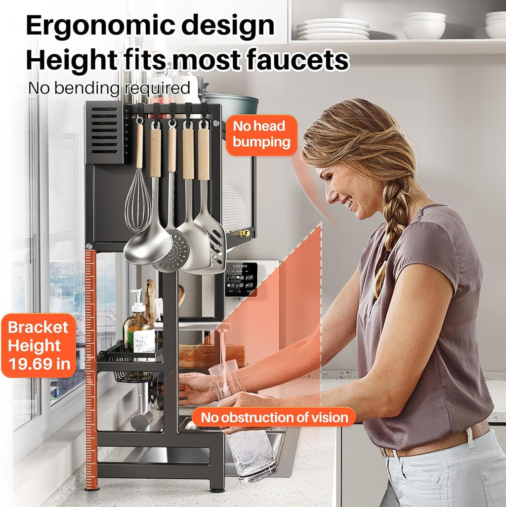 Over The Sink Dish Drainer Drying Rack 3 Tiers with Cover, Keep Kitchen Sink Shlef Organized Space-Saving Dish Drying Rack, Large Stainless Steel Sink Drying Rack for Dishes, Bowls, Cutlery (33.4"W)