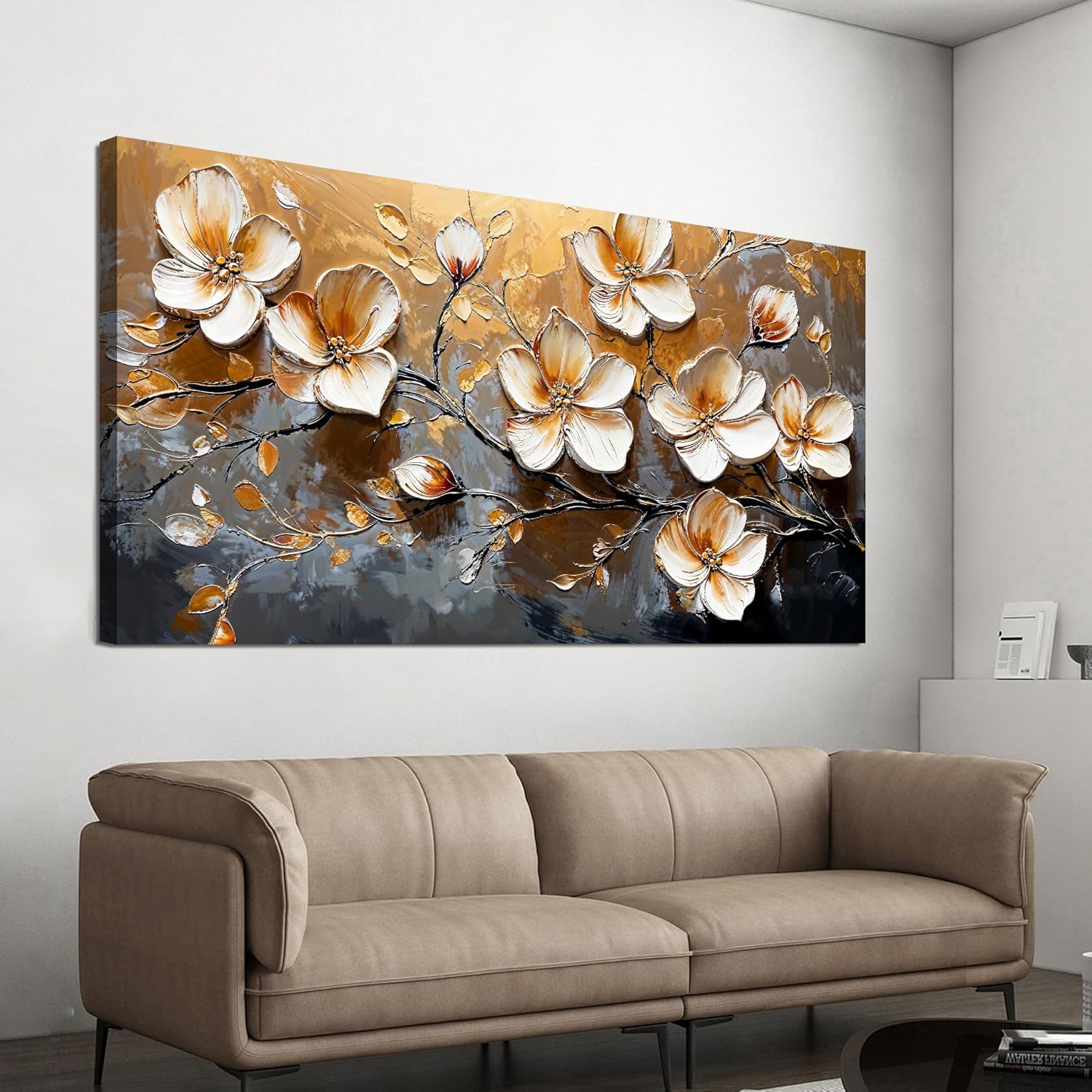 Canvas Wall Art Decor Wall Art Pictures for Living Room Vintage Floral Wall Art Decor White Gold Wall Art Prints Large Artwork for Walls Canvas Art Wall Decor for Bedroom Office Wall Decor 20" X 40"