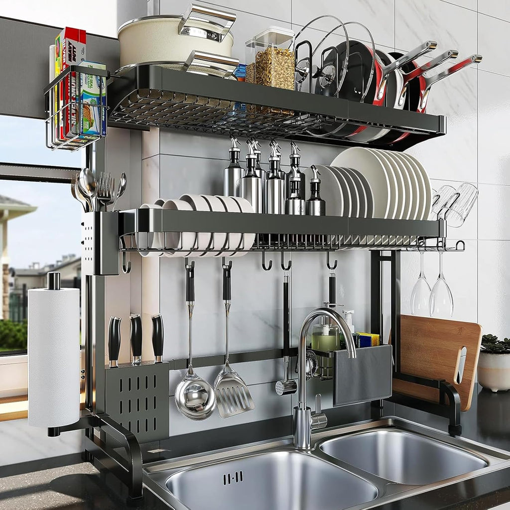 Over The Sink Dish Drying Rack,3 Tier Adjustable Length Full Stainless Steel Large Storage Kitchen Dish Rack,for Kitchen Counter Expandable Multifunctional Organizers,Silver (25.98-37.6")