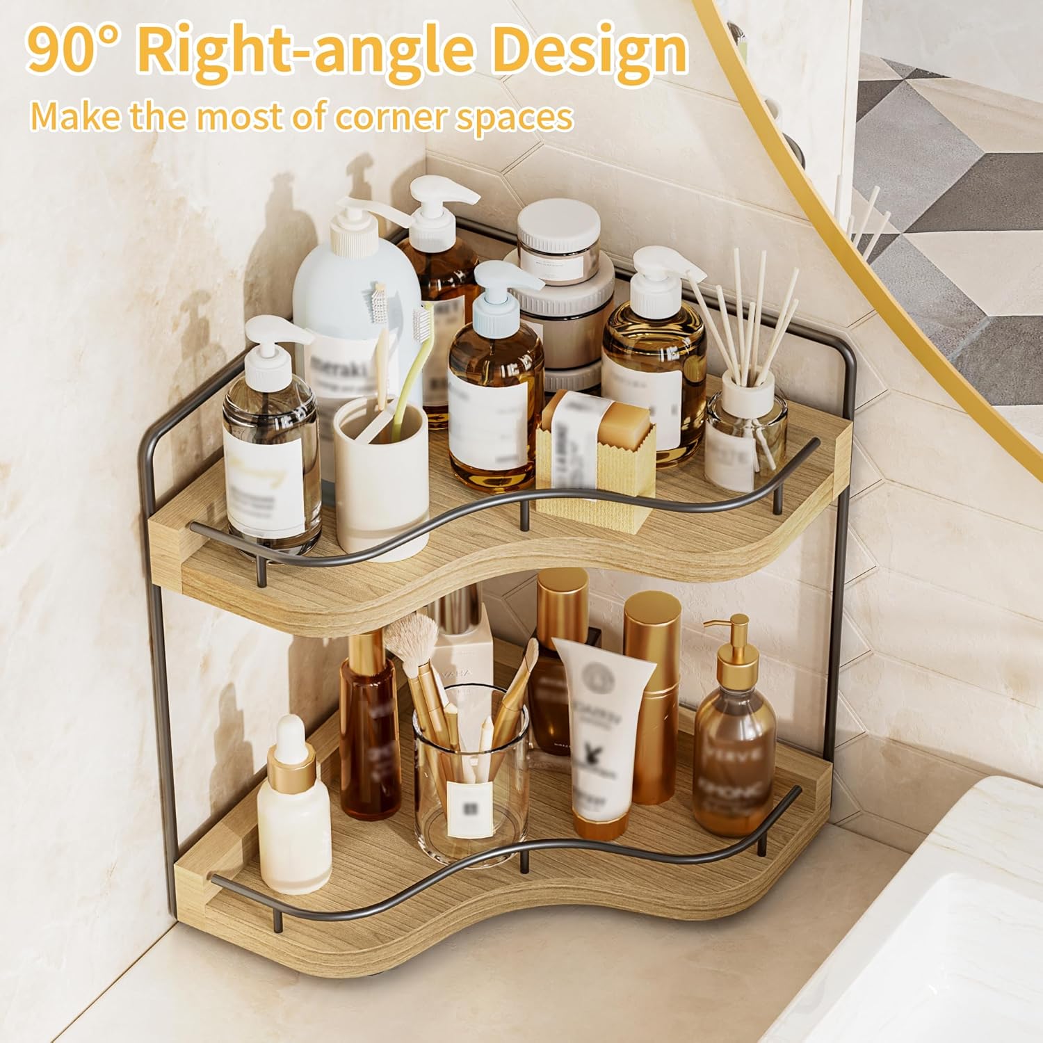 2-Tier Corner Bathroom Counter Organizer with Embedded Screw Holes, Secure & Stable Wood Vanity Shelf for Makeup and Skincare Essentials - Space Saving Bathroom Countertop Storage