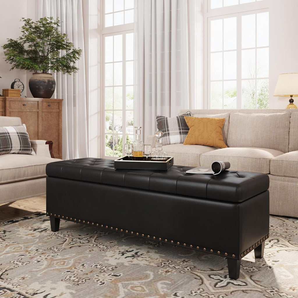 Storage Ottoman Bench, 51-Inch Large Storage Ottoman for Bedroom End of Bed, 30 Gallons Faux Leather Bench for Bedroom, Living Room, Entryway, Hallway, Grey