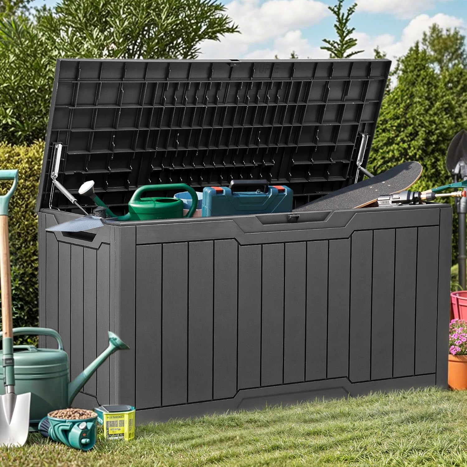 YITAHOME 120 Gallon Large Outdoor Storage Box with X-Shaped Front, Waterproof Resin Deck Box Cushion Storage Bench for Patio, Pool Supplies, Garden Tools - Lockable, Black