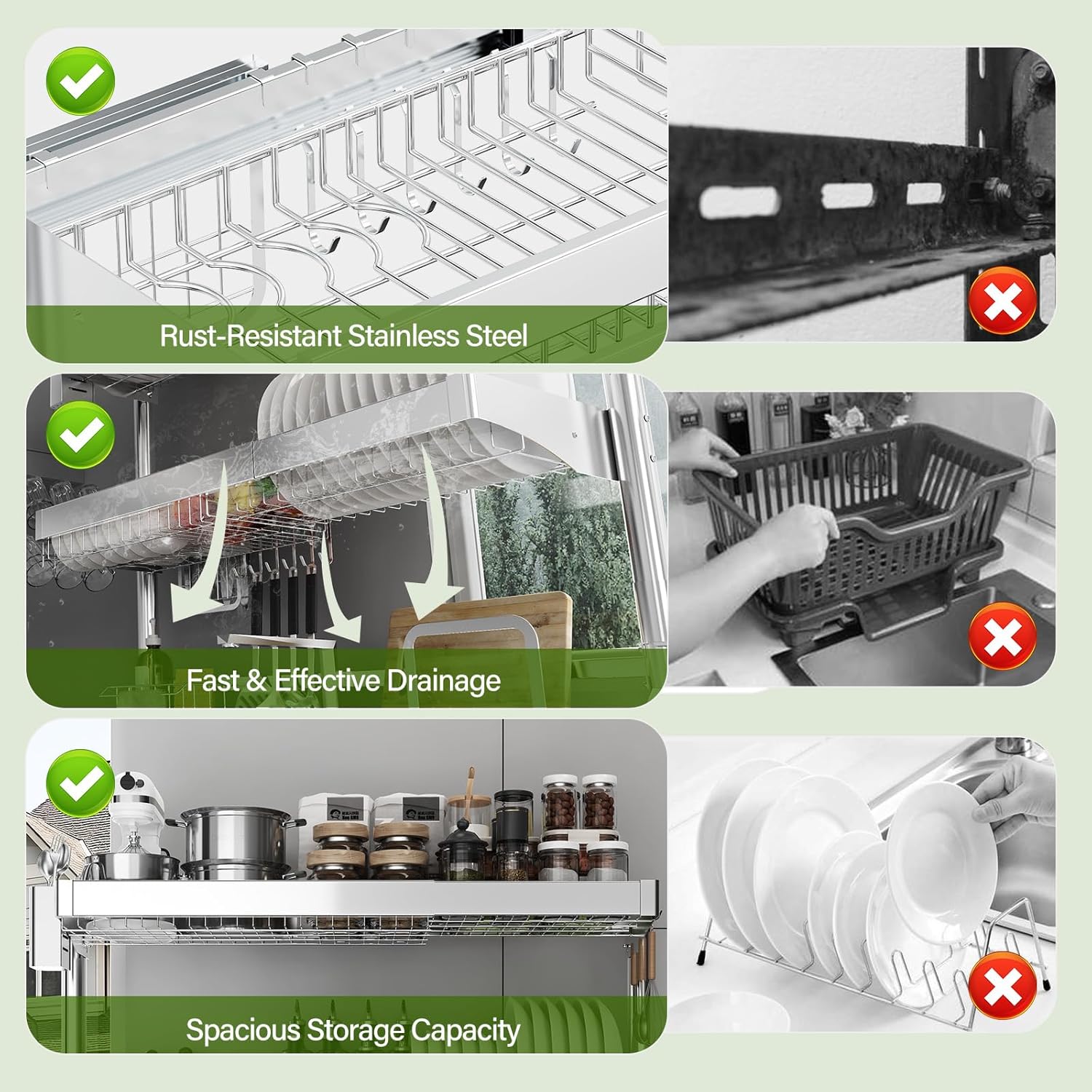 Over The Sink Dish Drainer Drying Rack 3 Tier, Full Stainless Steel Dish Drying Rack Adjustable Length 20.9''-37.4'', Kitchen Sink Shelf, Organized Space-Saving Dish Rack