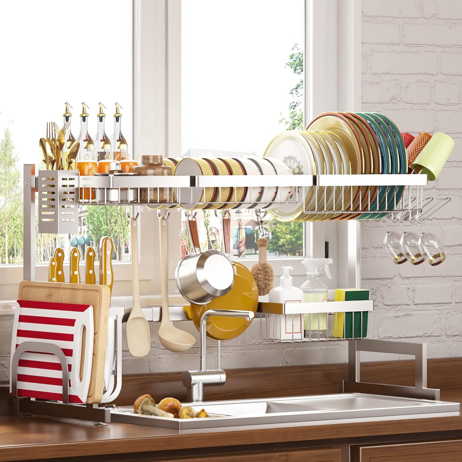 PUSDON Over Sink Dish Drying Rack Stainless Steel, Adjustable Large Dish Drainer for Storage Kitchen Organization Silver 3 Tier - Standard(34"-46")