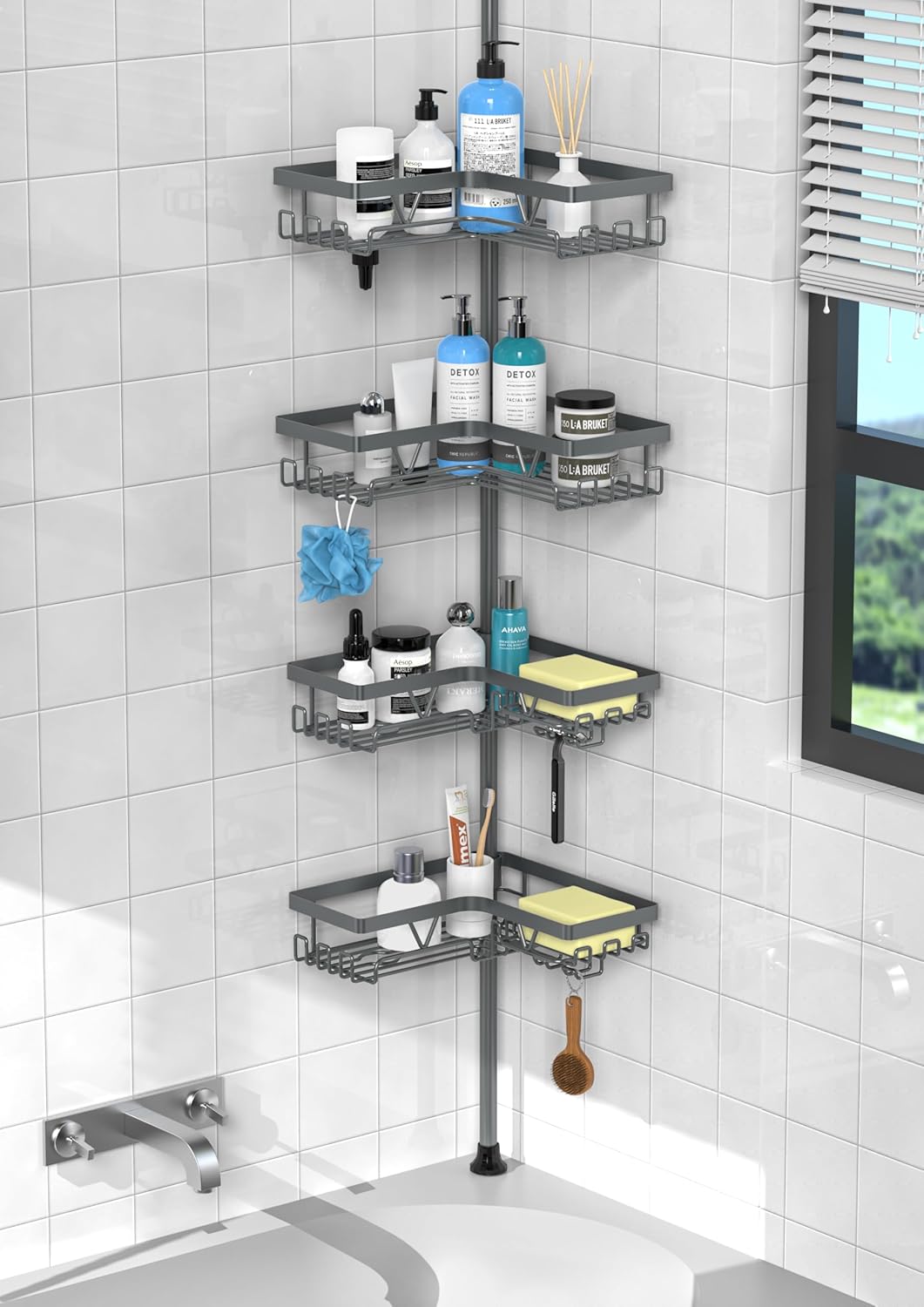 KEGII Corner Shower Caddy Tension Pole - Shower Tension Rod Organizer, Floor to Ceiling Shower Caddy 25-114.2 inch, Towel Rack Corner Waterproof, Black