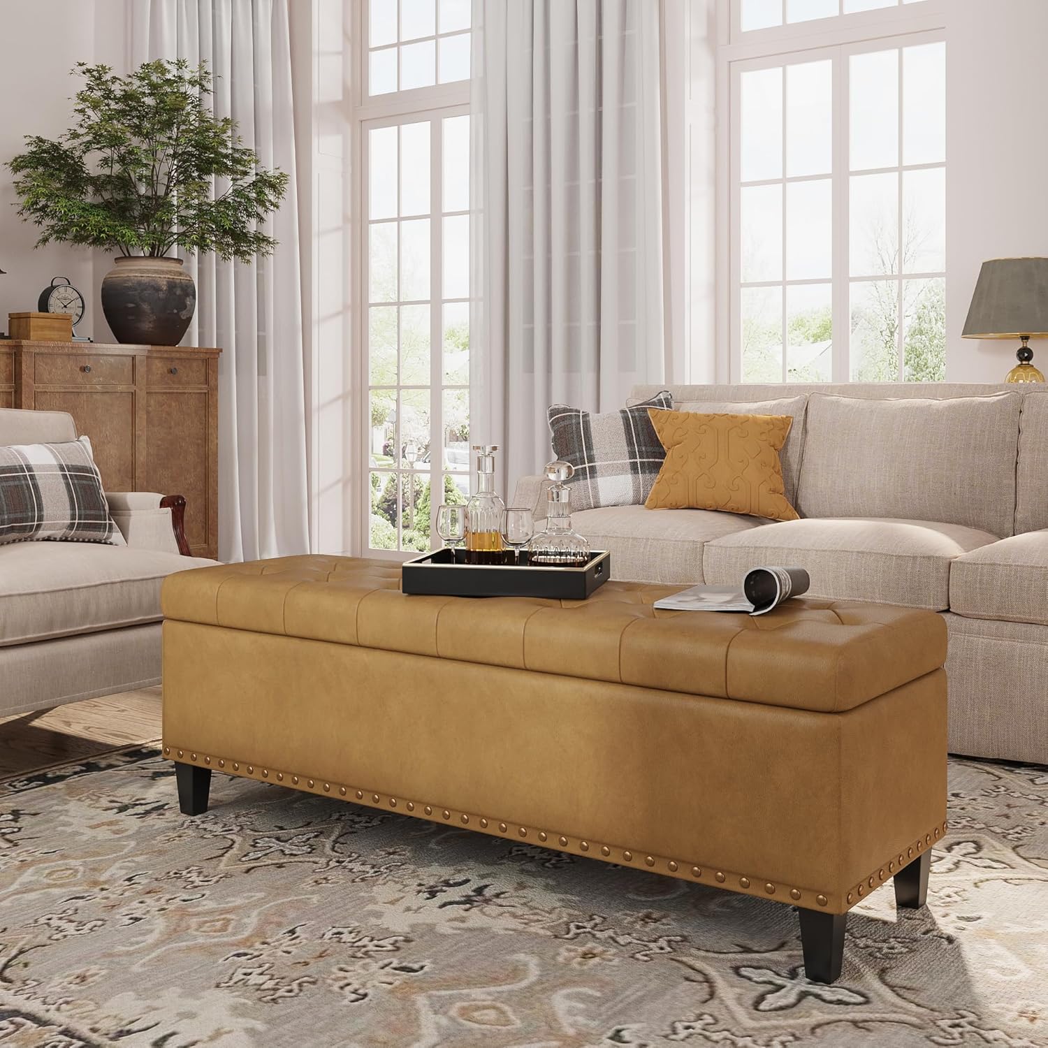 Storage Ottoman Bench, 51-Inch Large Storage Ottoman for Bedroom End of Bed, 30 Gallons Faux Leather Bench for Bedroom, Living Room, Entryway, Hallway, Grey