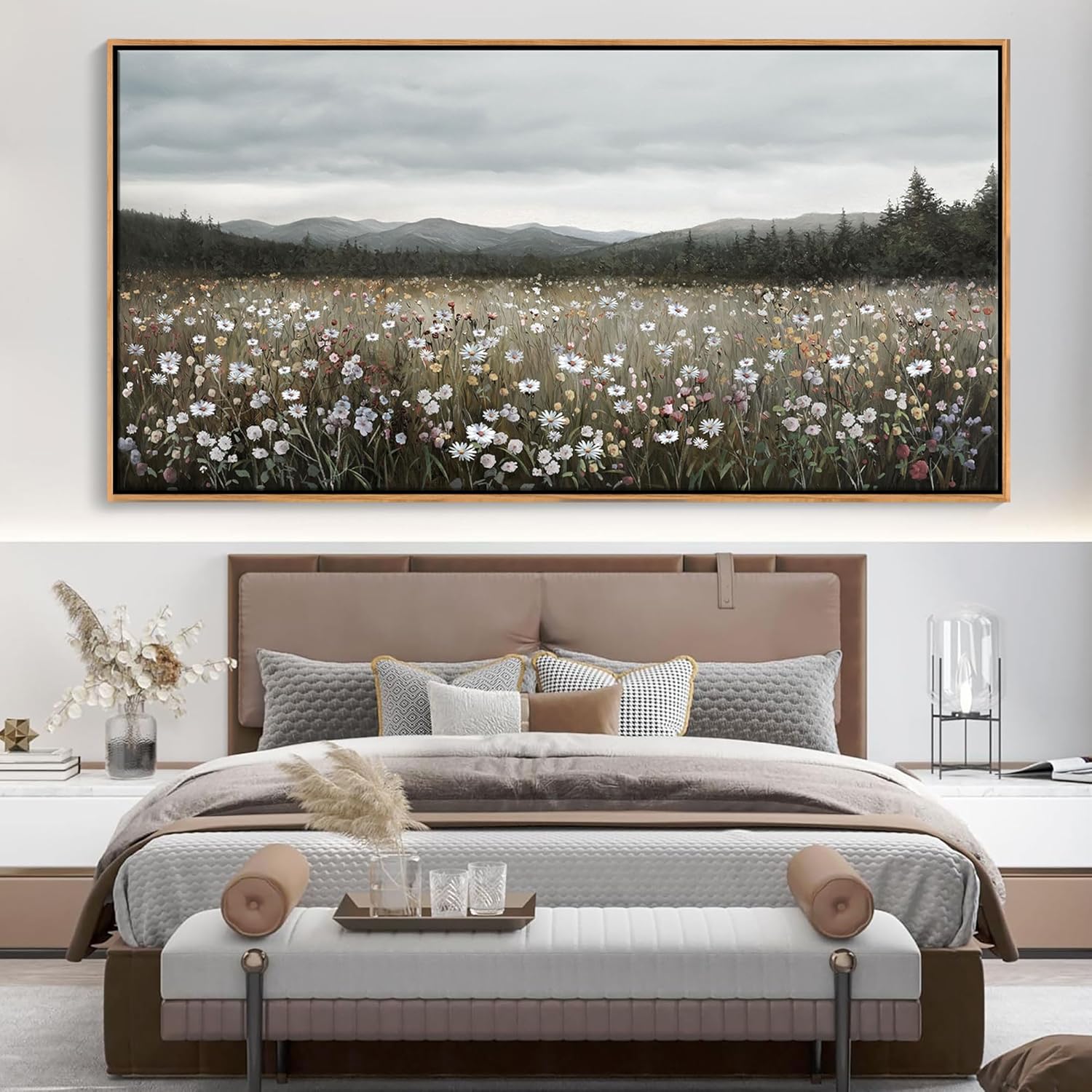 HGUAOA Vintage Landscape Wall Art for Bedroom and Living Room - Large Floral Artworks Farmhouse Wall Decor - Framed Neutral Nature Pictures - Above Bed Wall Decor with Mountain Scenery 29×58IN