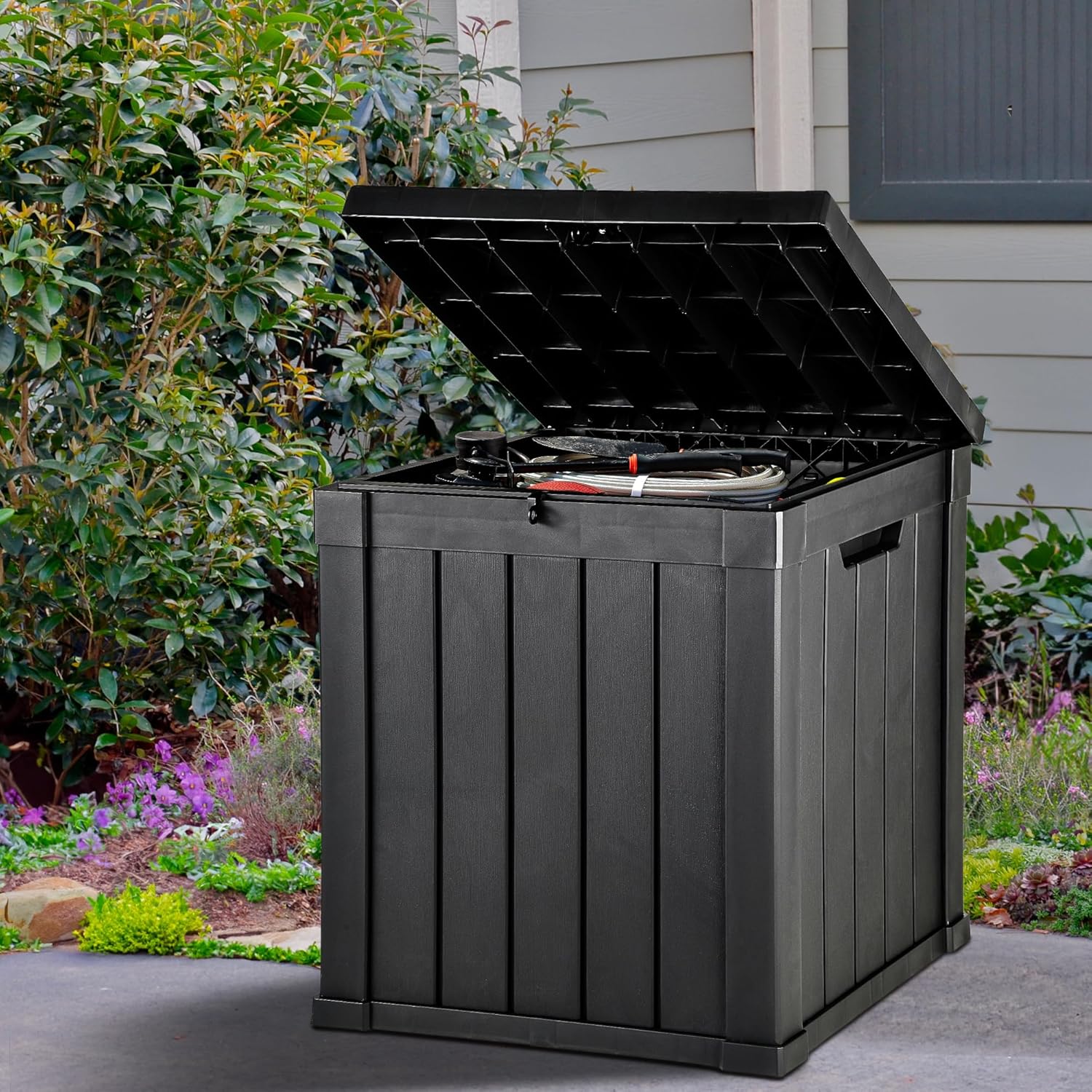 YITAHOME 120 Gallon Large Outdoor Storage Box with X-Shaped Front, Waterproof Resin Deck Box Cushion Storage Bench for Patio, Pool Supplies, Garden Tools - Lockable, Black