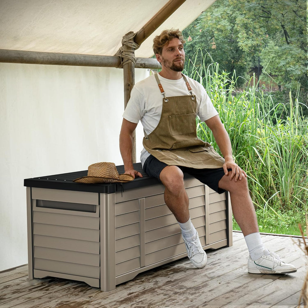 YITAHOME 120 Gallon Large Outdoor Storage Deck Box, Waterproof Cushion Storage Bench with Lockable Lid for Patio, Pool Supplies, Garden Tools, Resin, Black & Brown