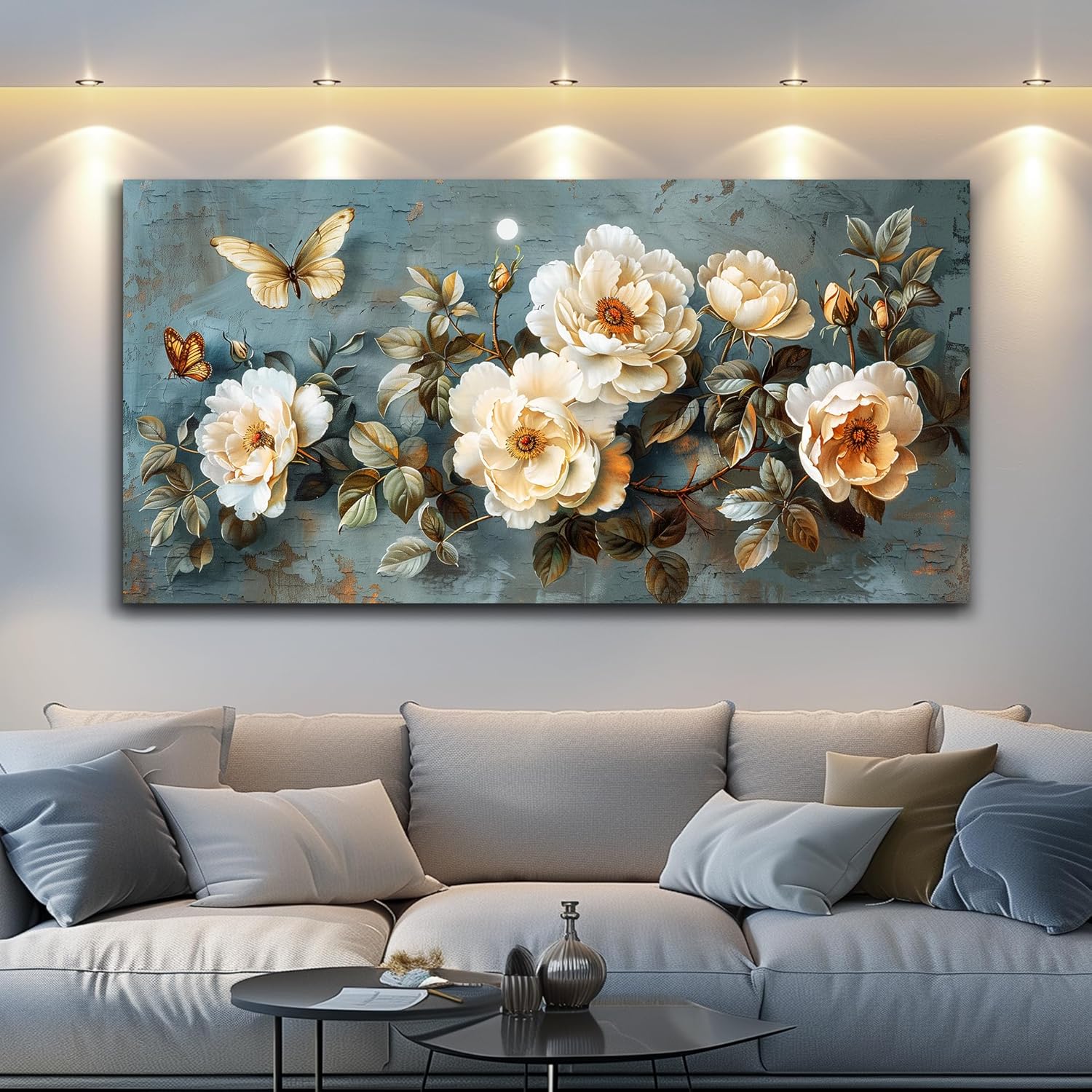 PHAOHUAXM Large Canvas Wall Art For Bedroom Wall Decorations For Living Room Office Decor Abstract Pictures White Flower Dining Room Painting Artwork Modern Framed Posters Home Decoration 24"x48"