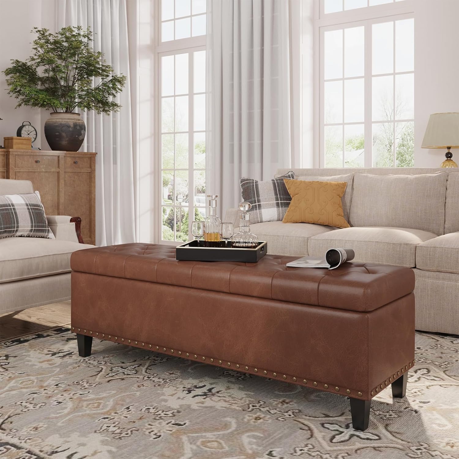 Storage Ottoman Bench, 51-Inch Large Storage Ottoman for Bedroom End of Bed, 30 Gallons Faux Leather Bench for Bedroom, Living Room, Entryway, Hallway, Grey