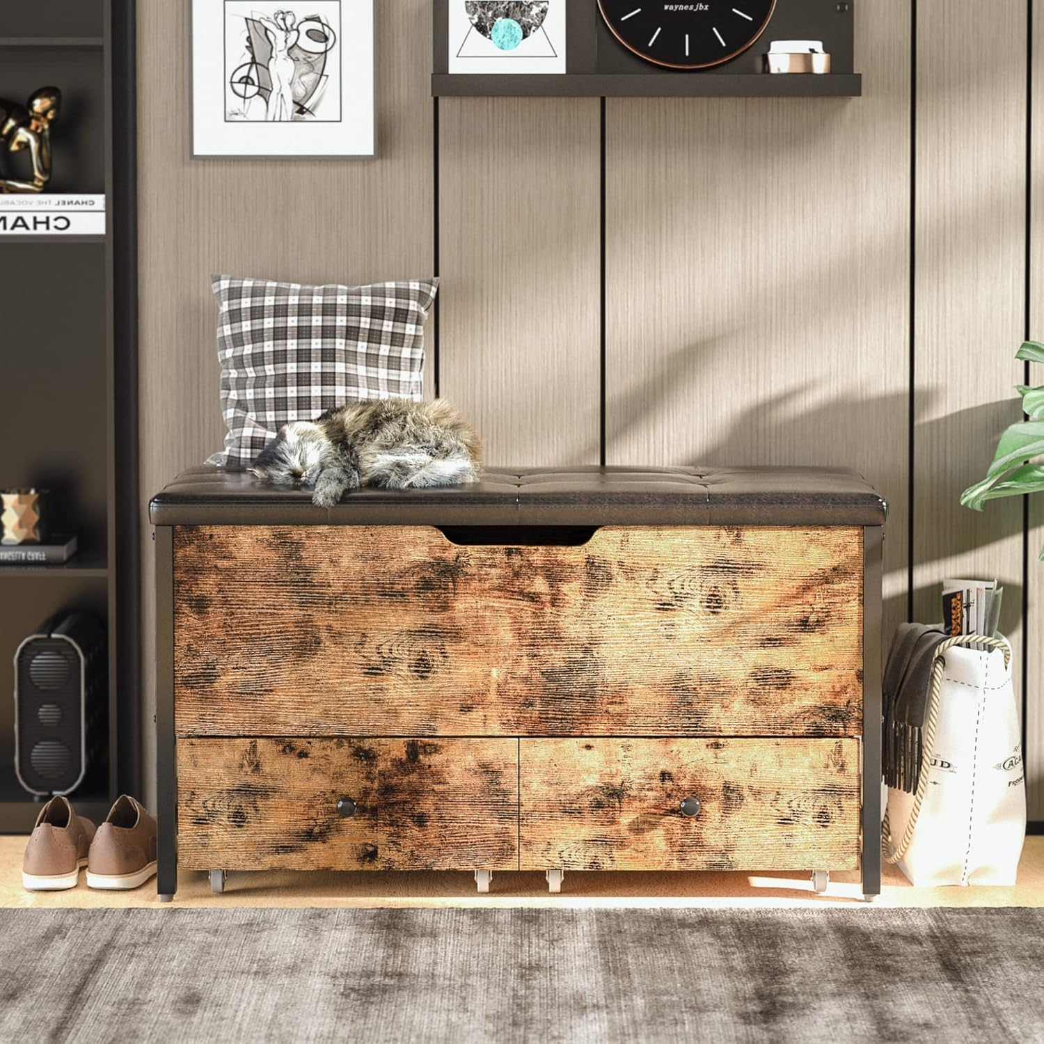 LIKIMIO Storage Bench, Wooden Box with Flip Top Storage Chest and Drawers for Bedroom/Living Room/Entryway, Supports 320 lb, Vintage Brown and Black