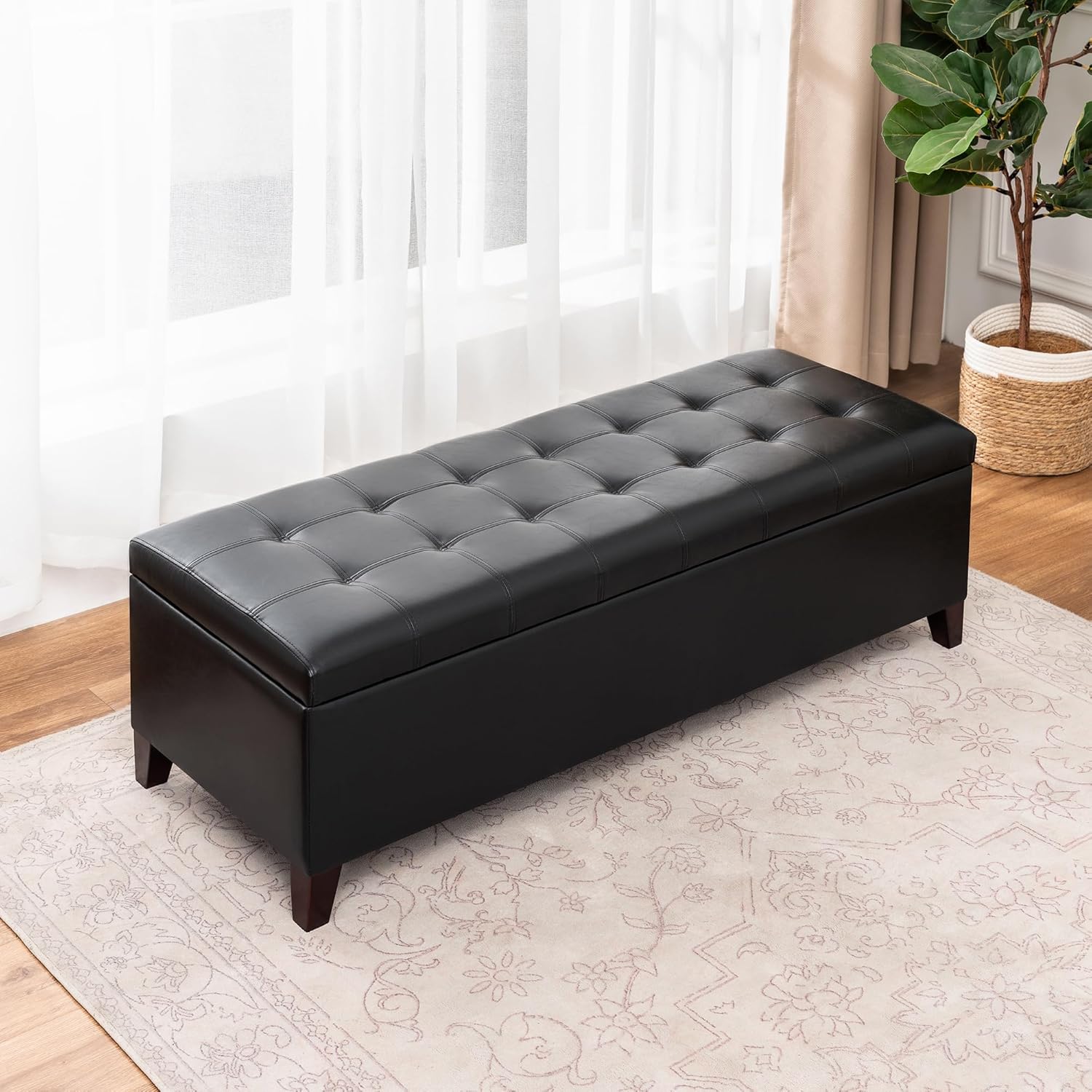 Joveco Storage Ottoman Bench, 51 Inch Leather Tufted Bench for End of Bed, Bedroom, Living Room, Dark Brown