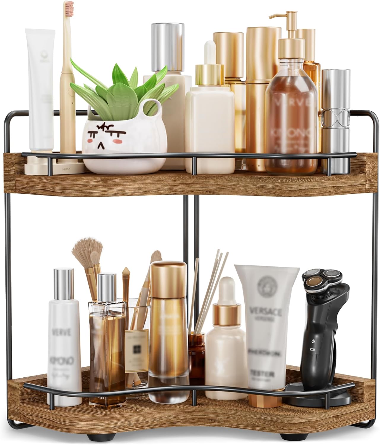 2-Tier Corner Bathroom Counter Organizer with Embedded Screw Holes, Secure & Stable Wood Vanity Shelf for Makeup and Skincare Essentials - Space Saving Bathroom Countertop Storage