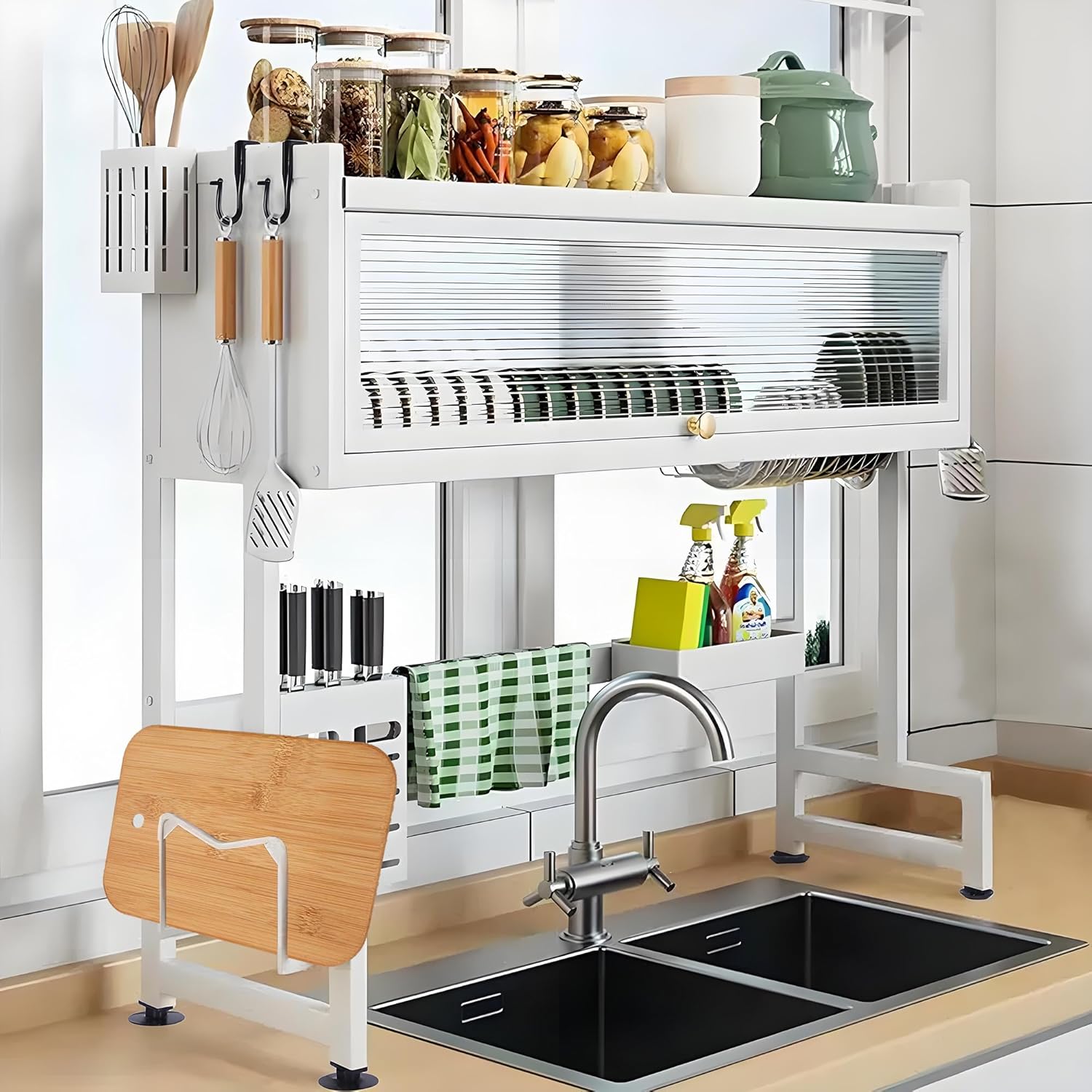 ASIEIT Dish Drying Rack, 3-Tier Over Sink Dish Drying Rack, 33.5" Over Sink Dish Rack for Small Kitchen, Space-Saving Dish Rack with Cover, Baskets, Utensil, Large Sink Storage Organizer Black