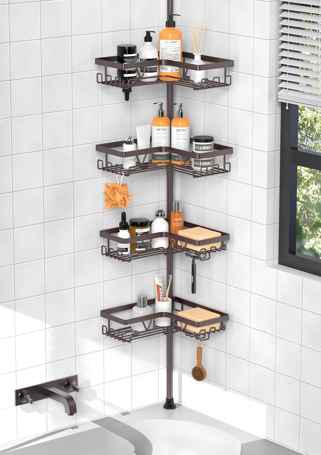 KEGII Corner Shower Caddy Tension Pole - Shower Tension Rod Organizer, Floor to Ceiling Shower Caddy 25-114.2 inch, Towel Rack Corner Waterproof, Black