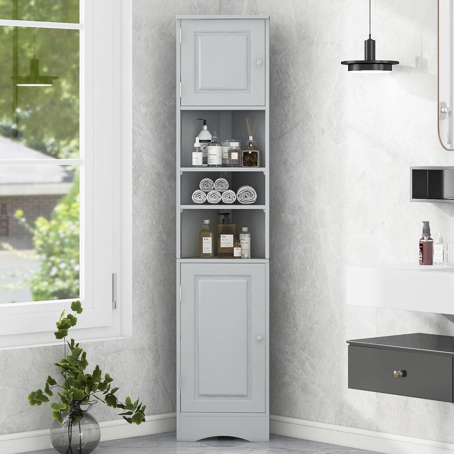 Tall Corner Cabinet for Bathroom - Narrow Space Saving Storage with Doors & Adjustable Shelves，Freestanding for Bathroom (White + Medium Density Fiberboard)