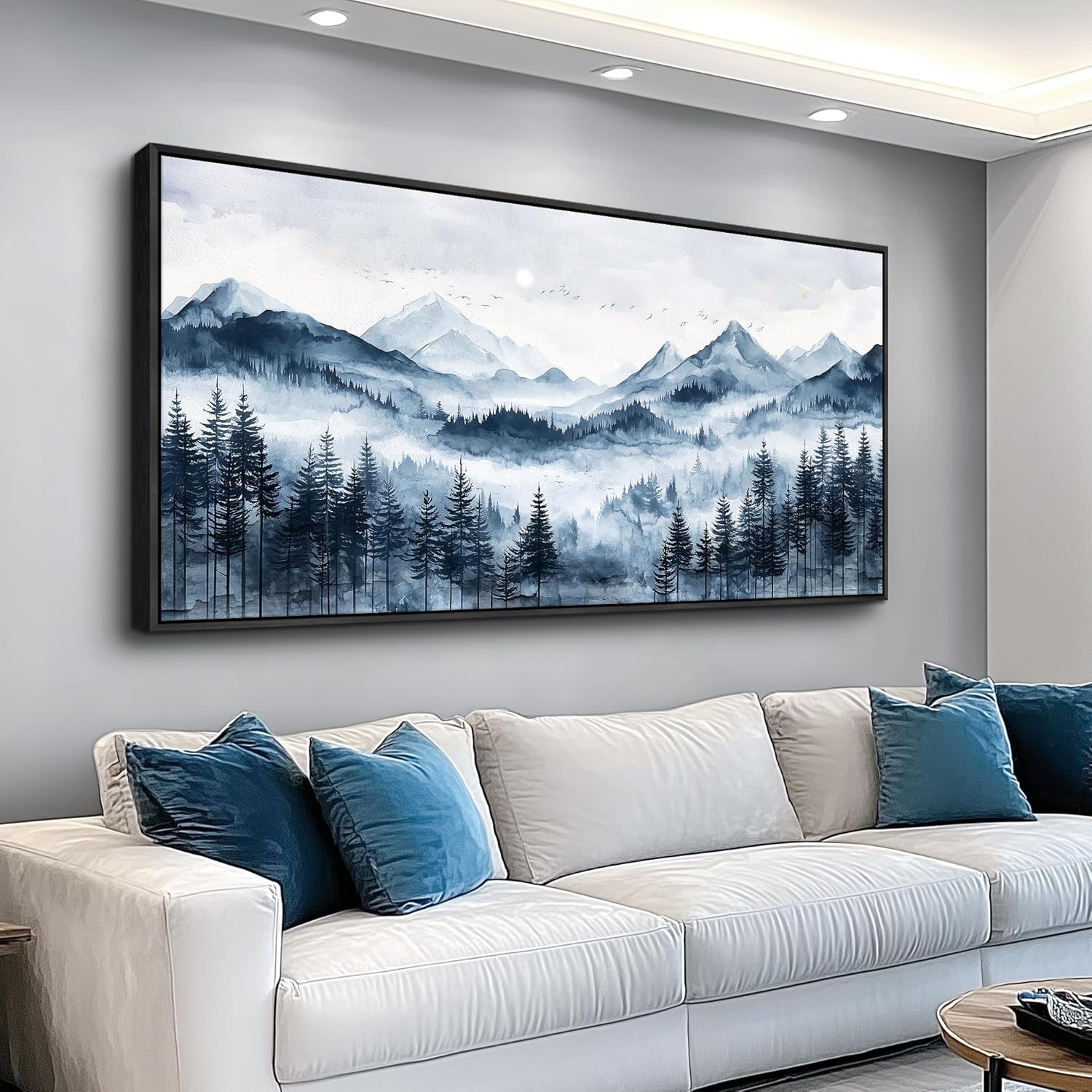 ERQINHUA Large Wall Art For Living Room Canvas Home Wall Decor For Office Bedroom Dining Room Wall Pictures Blue Tree Lakeside Landscape Painting Modern Art Print Beach Posters 24"x48" Black Frame