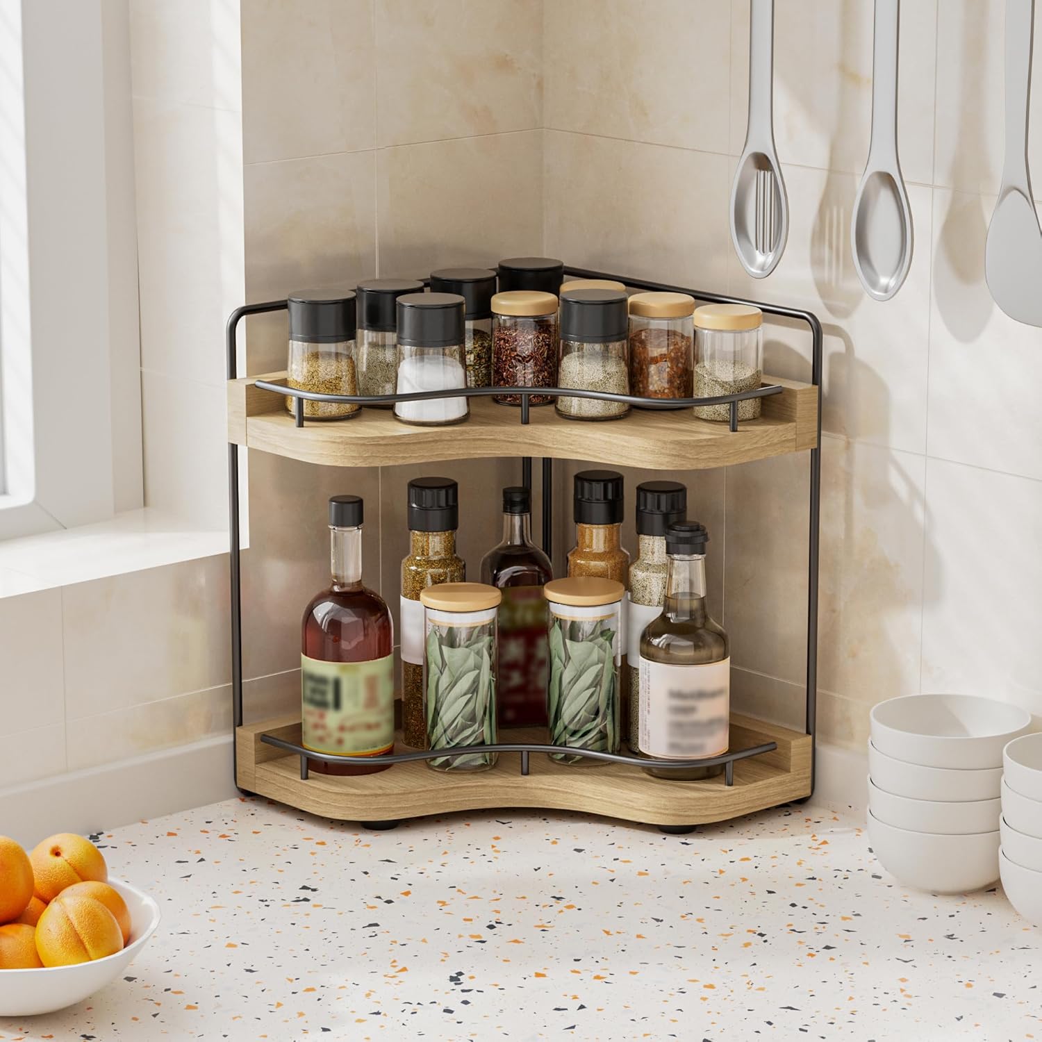 2-Tier Corner Bathroom Counter Organizer with Embedded Screw Holes, Secure & Stable Wood Vanity Shelf for Makeup and Skincare Essentials - Space Saving Bathroom Countertop Storage