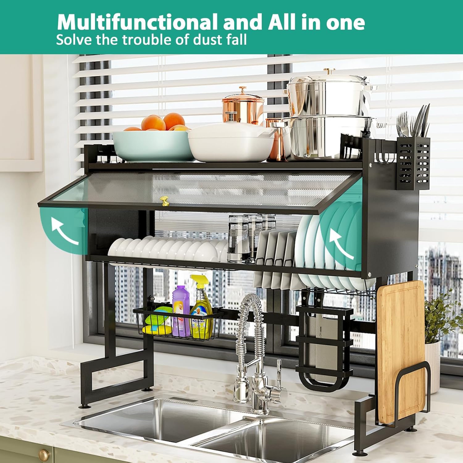 bukfen Dish Drying Rack, Over The Sink Dish Drainer Drying Rack 2 Tier Dish Rack with Cover for Kitchen (Black, Large 37.40 Length)