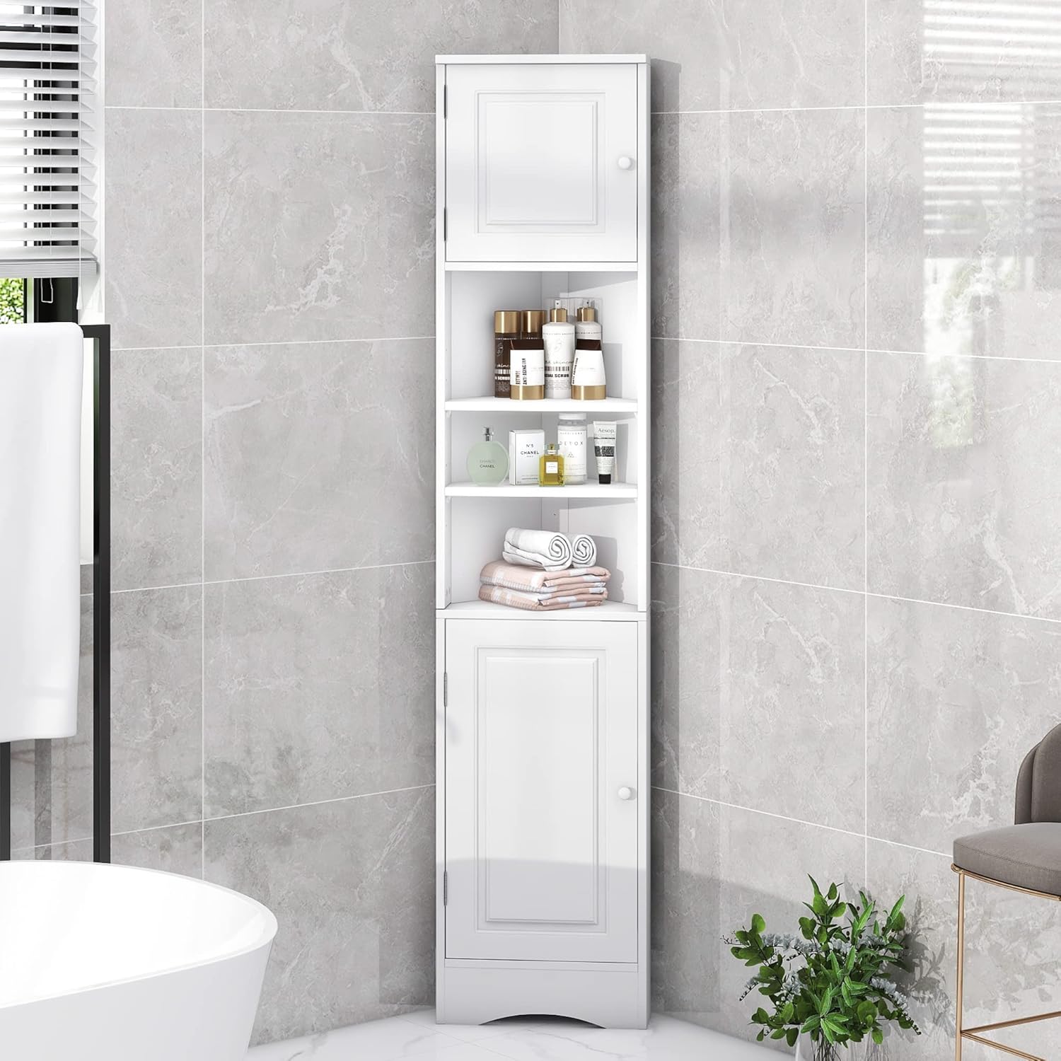 Tall Corner Cabinet for Bathroom - Narrow Space Saving Storage with Doors & Adjustable Shelves，Freestanding for Bathroom (White + Medium Density Fiberboard)