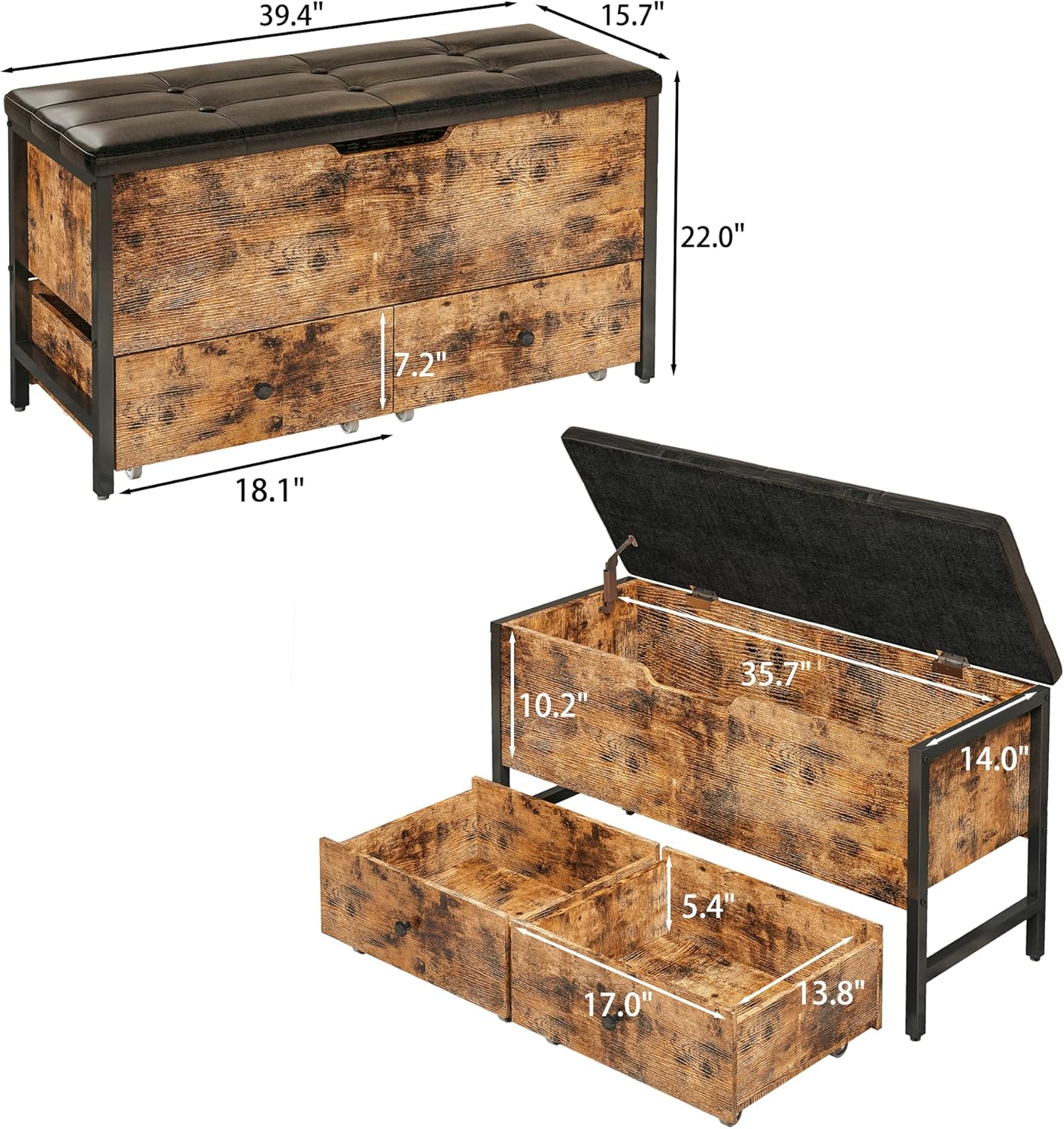 LIKIMIO Storage Bench, Wooden Box with Flip Top Storage Chest and Drawers for Bedroom/Living Room/Entryway, Supports 320 lb, Vintage Brown and Black